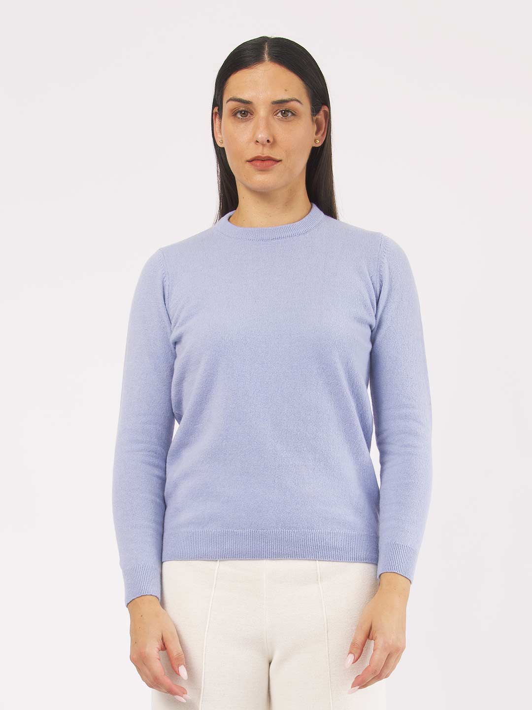 Camisolas de Malha Achega - Camisola de malha para senhora em lambswool com decorte redondo na cor azul claro