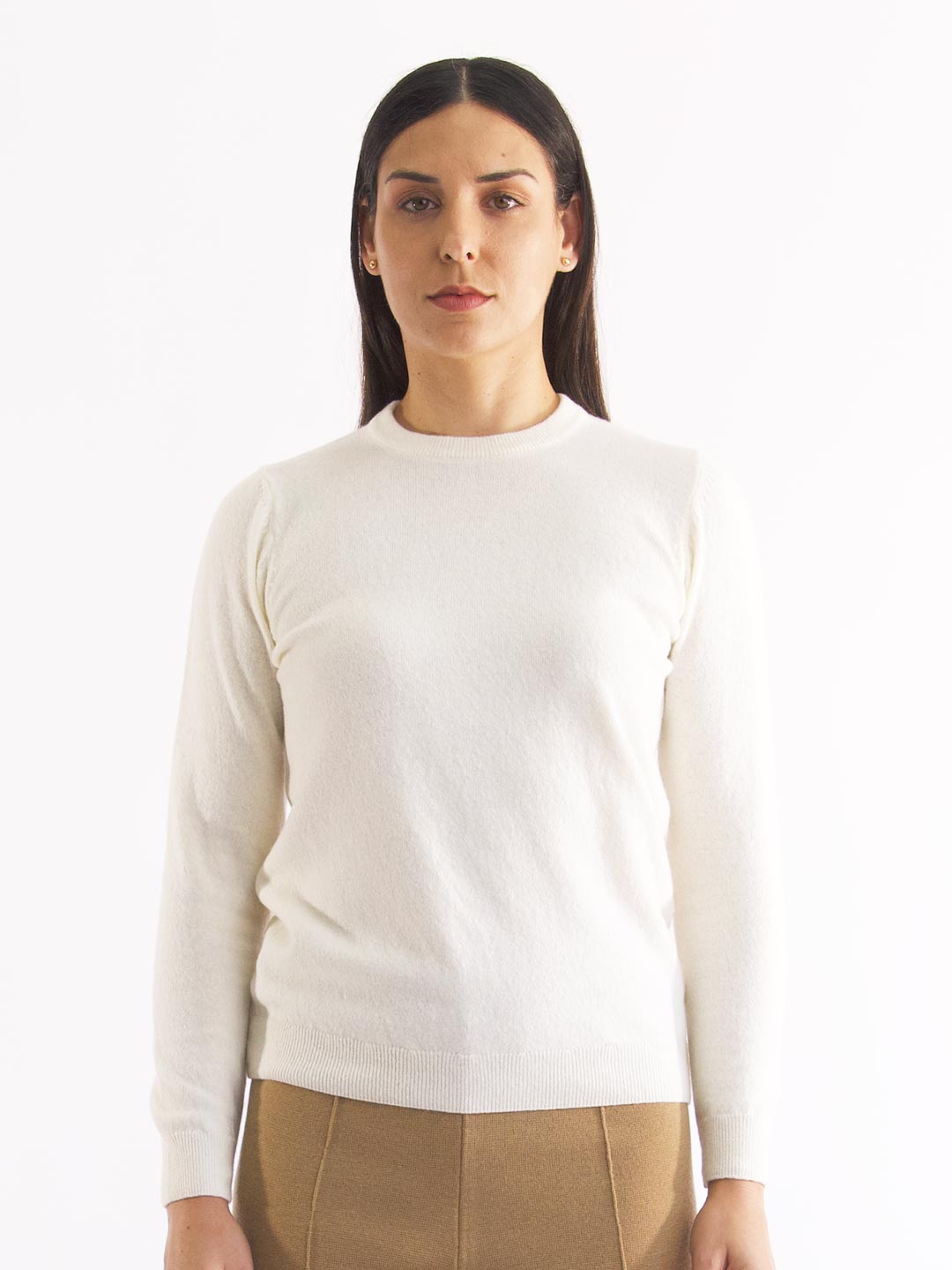 Camisolas de Malha Achega - Camisola de malha para senhora em lambswool com decorte redondo na cor branco pérola