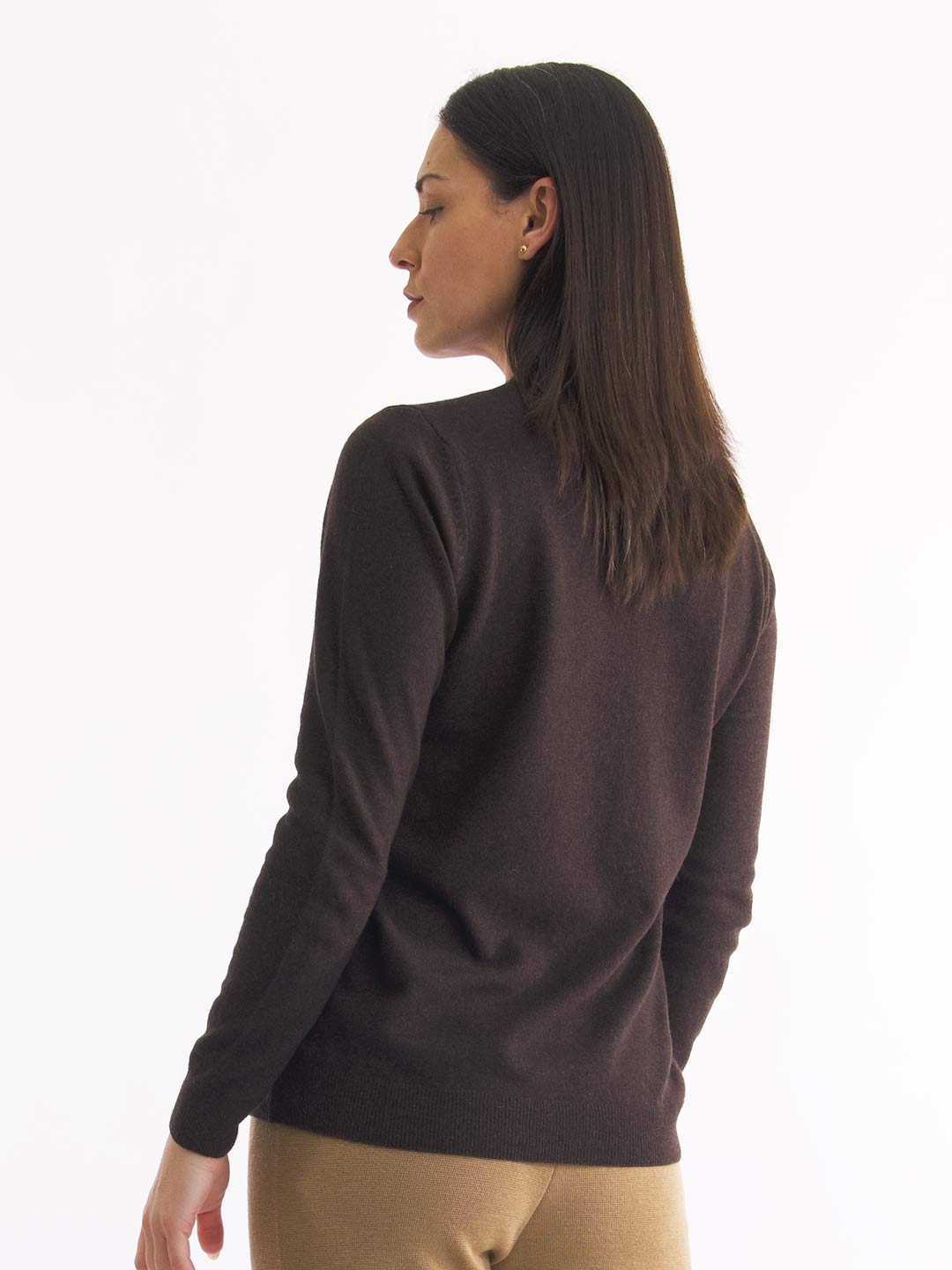 Camisolas de Malha Achega - Camisola de malha para senhora em lambswool com decorte redondo na cor castanho