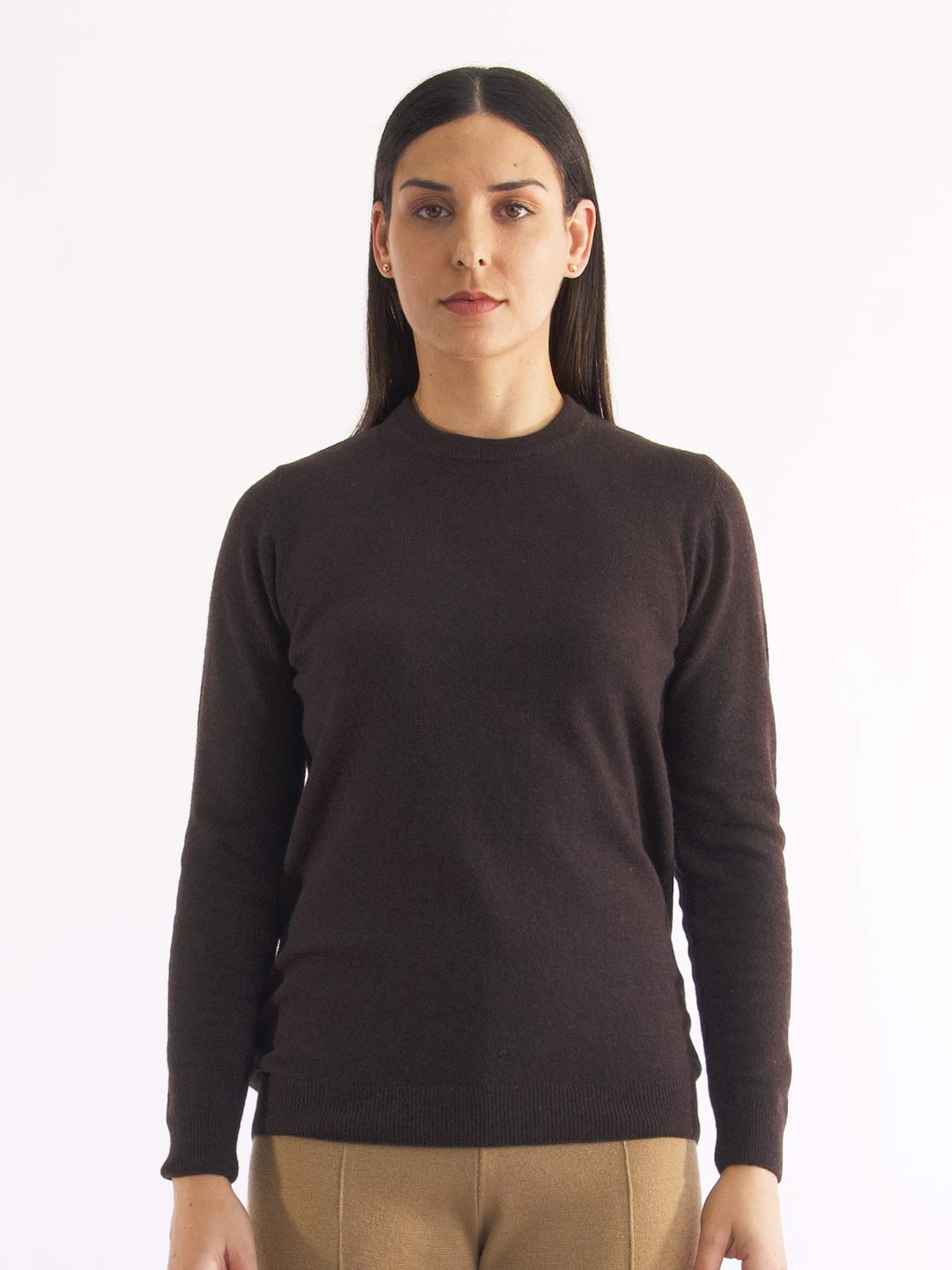 Camisolas de Malha Achega - Camisola de malha para senhora em lambswool com decorte redondo na cor castanho