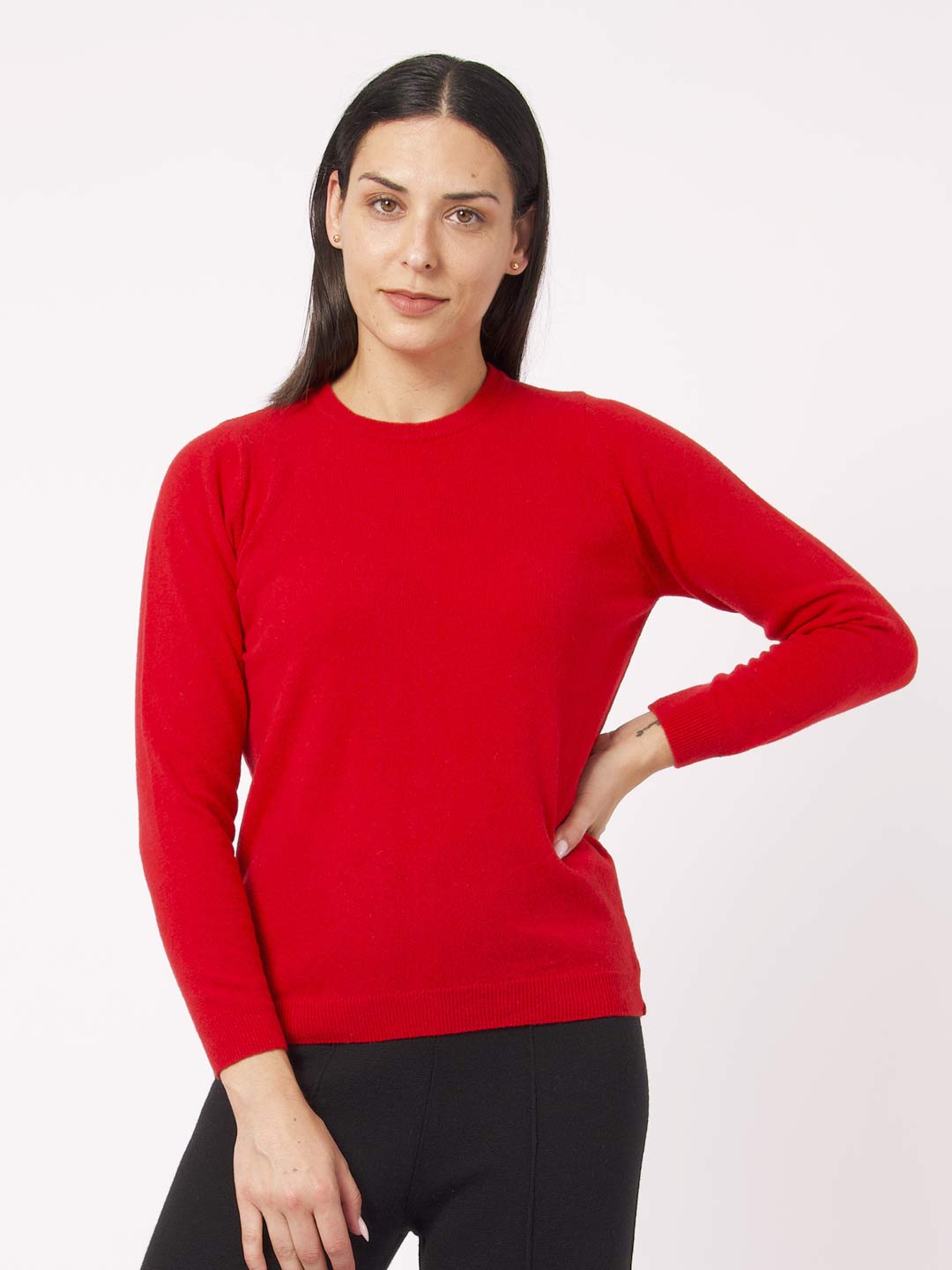 Camisolas de Malha Achega - Camisola de malha para senhora em lambswool com decorte redondo na cor vermelho