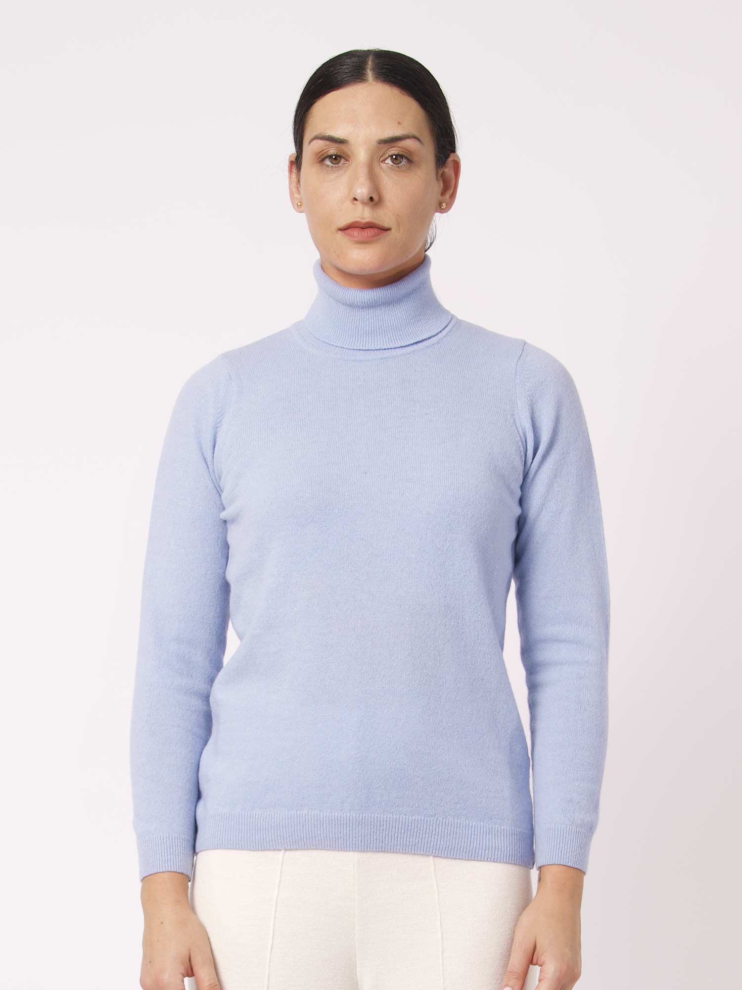 Camisolas de Malha Achega - Camisola de gola alta em lambswool na cor azul claro