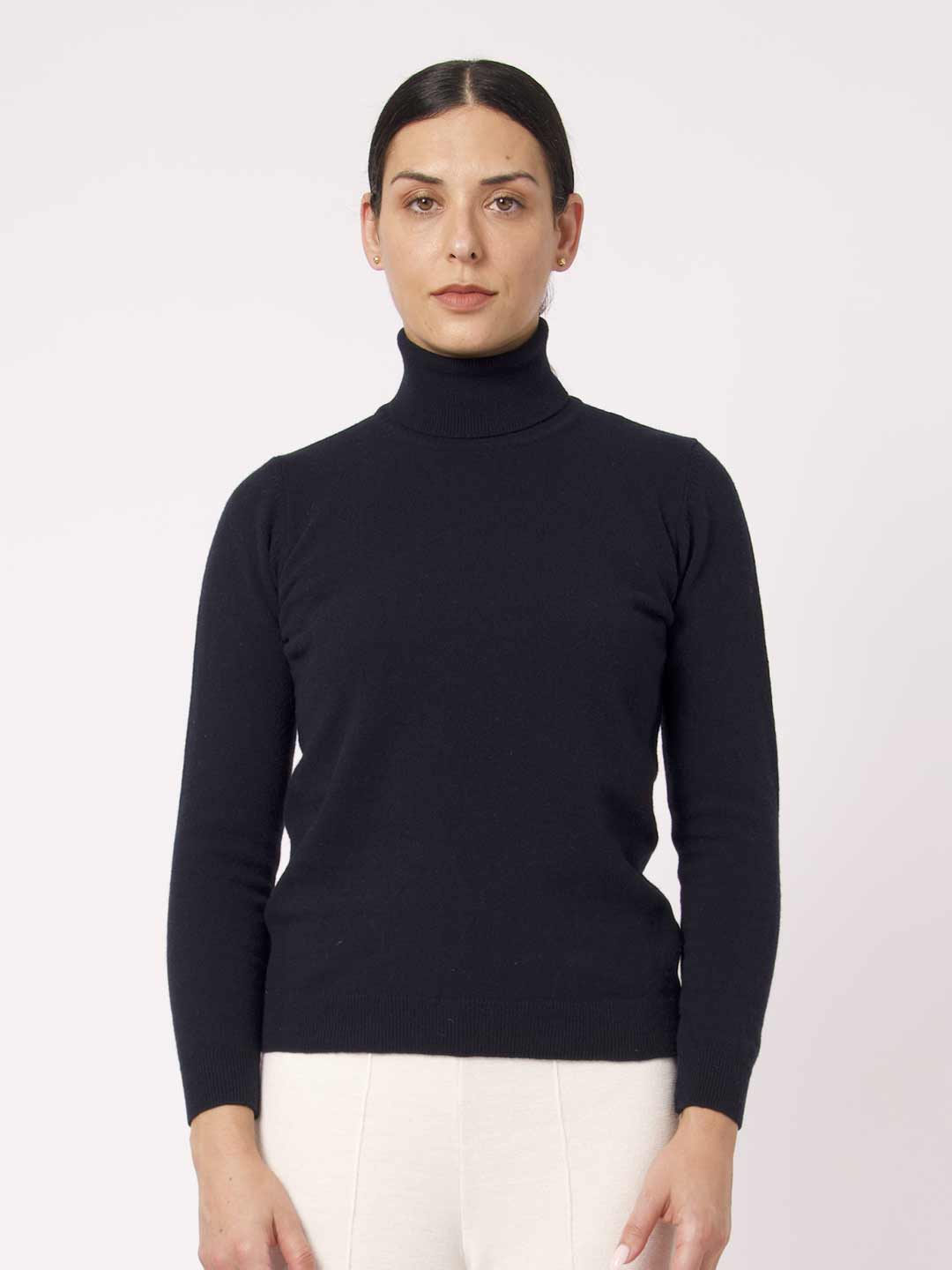 Camisolas de Malha Achega - Camisola de gola alta em lambswool na cor azul marinho