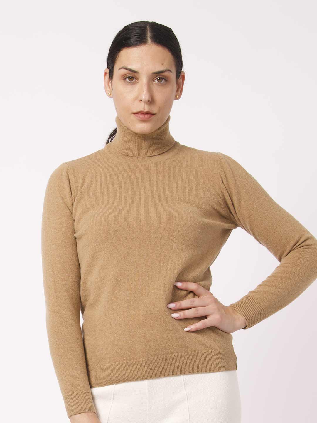 Achega Knit Sweaters - Lambswool turtleneck sweater in camel color