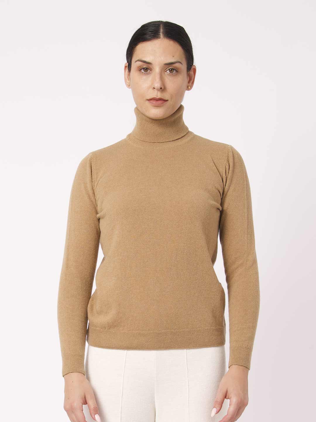 Achega Knit Sweaters - Lambswool turtleneck sweater in camel color