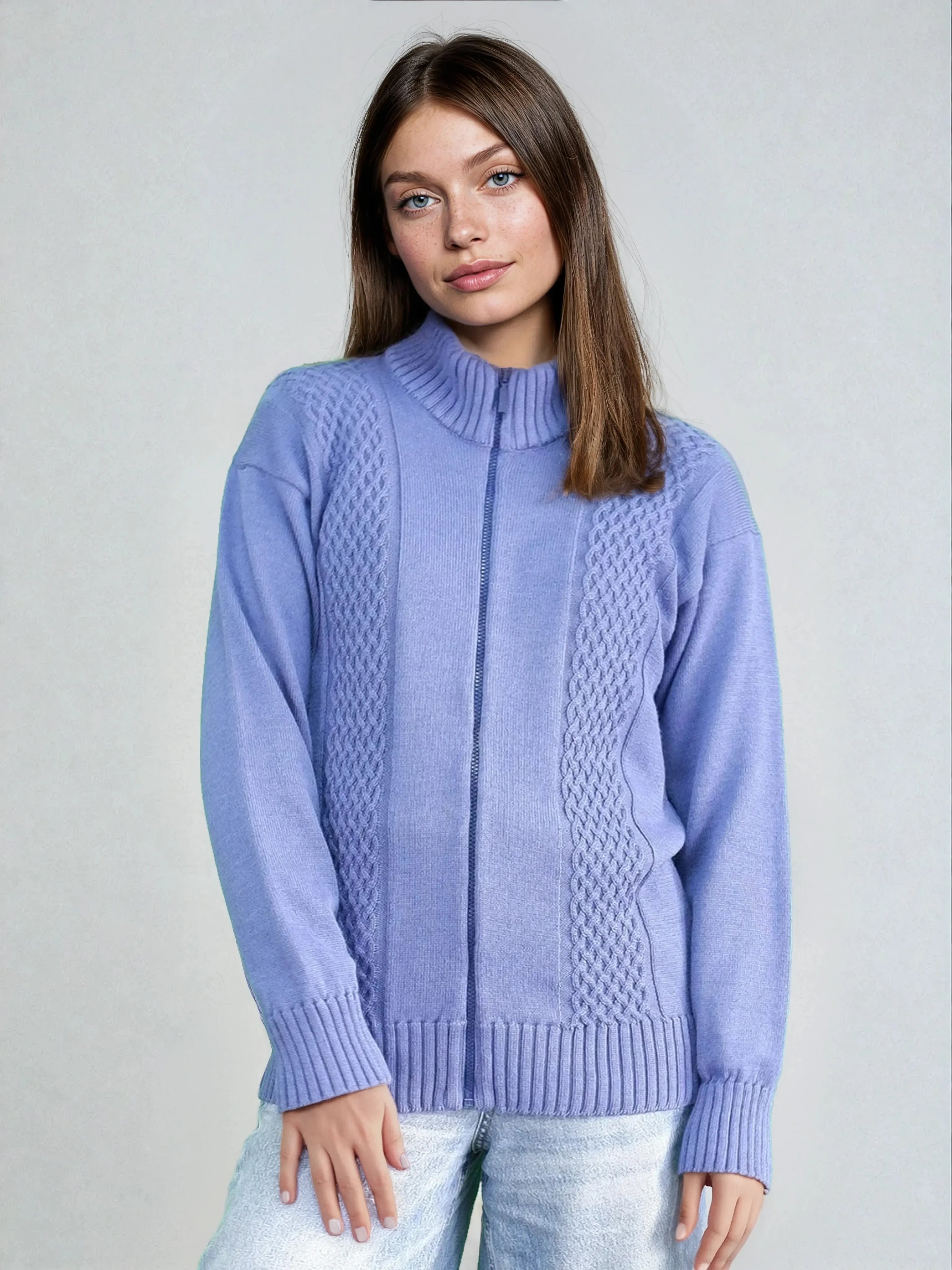 Cardigan with Half Collar and Structured Zipper in Denim Blue Merino Wool