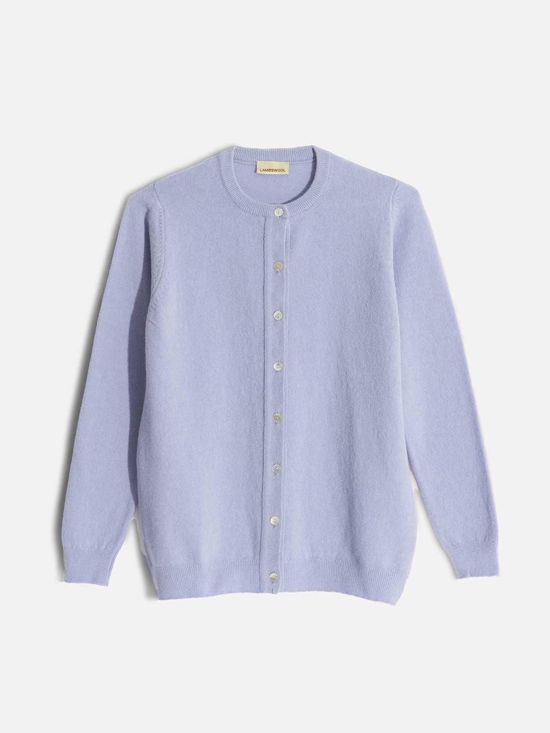 Casacos de Malha Achega - Casaco feminino azul claro em lambswool com decote redondo e botões