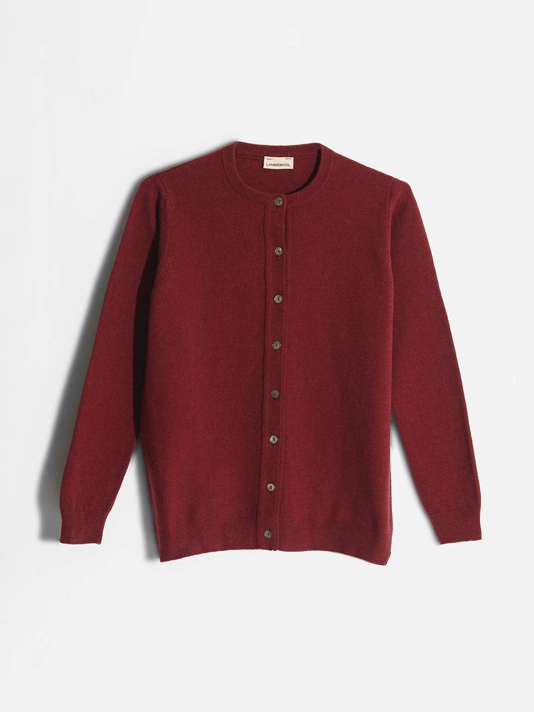 Casacos de Malha Achega - Casaco feminino bordeaux em lambswool com decote redondo e botões