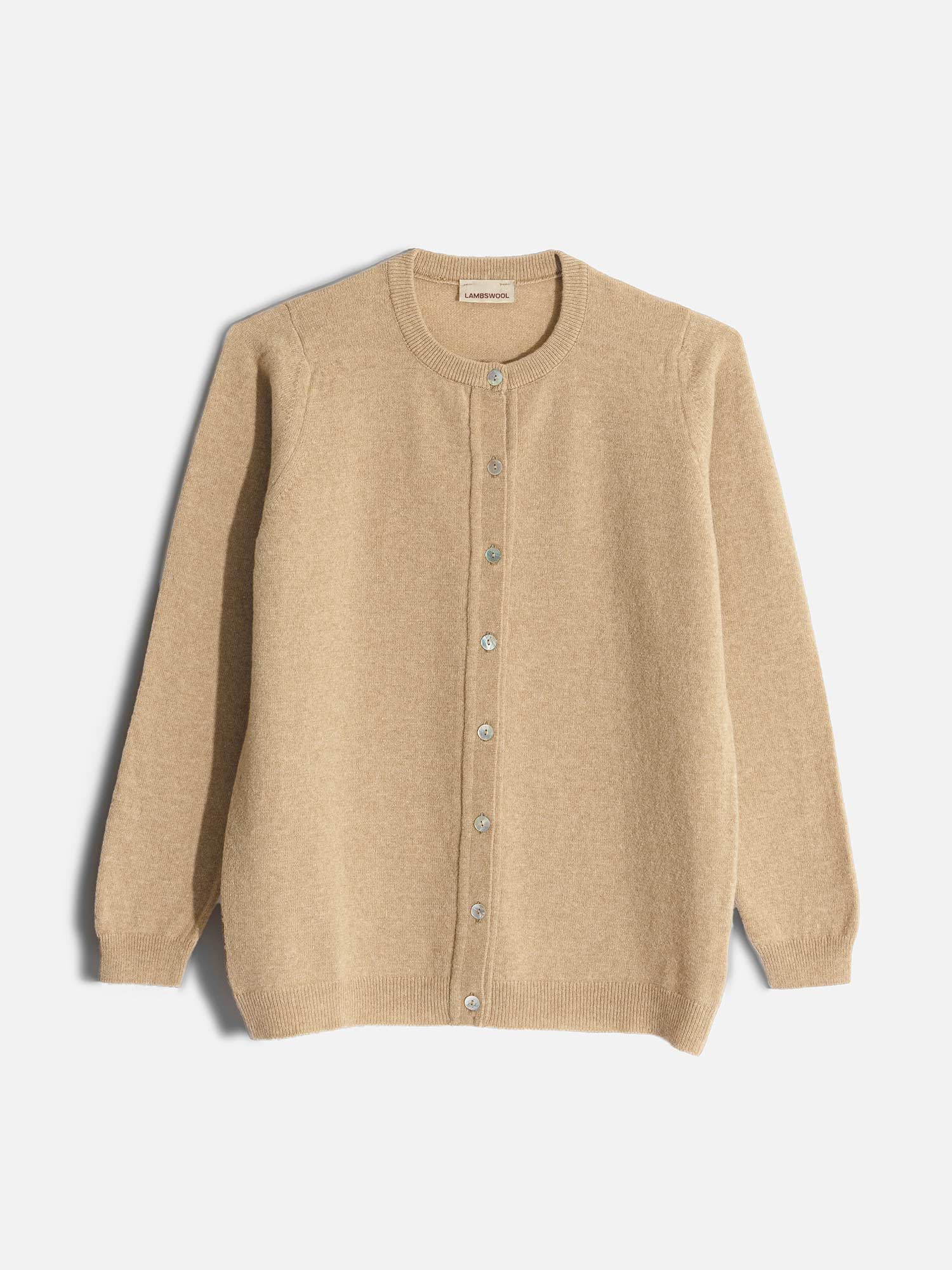 Casacos de Malha Achega - Casaco feminino camel em lambswool com decote redondo e botões