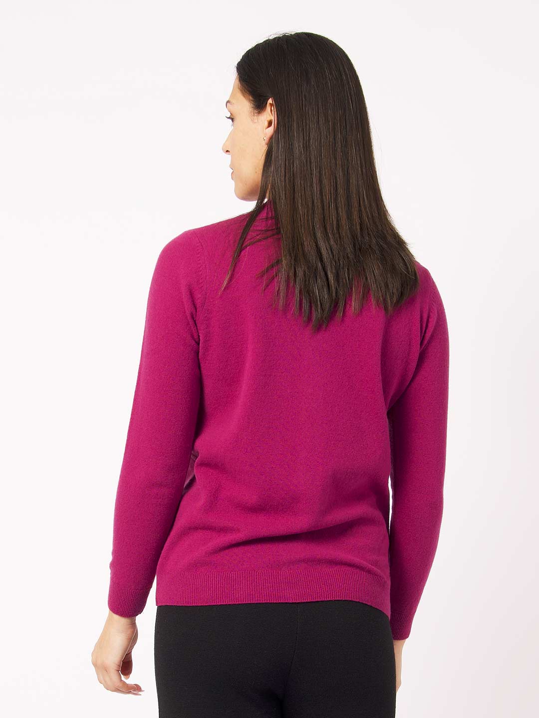 Casacos de Malha Achega - Casaco feminino rosa carmim em lambswool com decote redondo e botões
