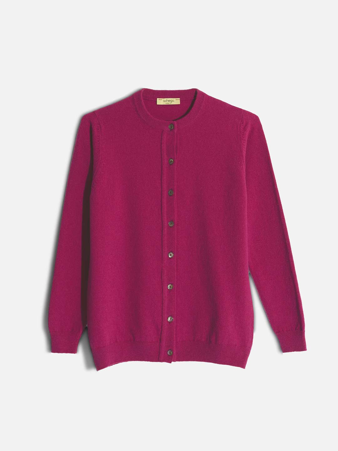 Casacos de Malha Achega - Casaco feminino rosa carmim em lambswool com decote redondo e botões