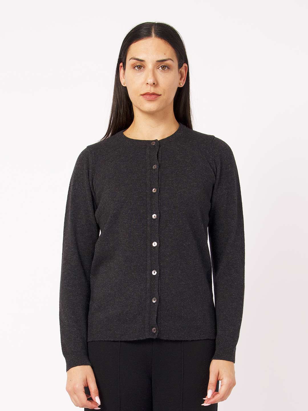 Achega Knitwear Chaquetas - Chaqueta gris de mujer de lana de cordero con cuello redondo y botones