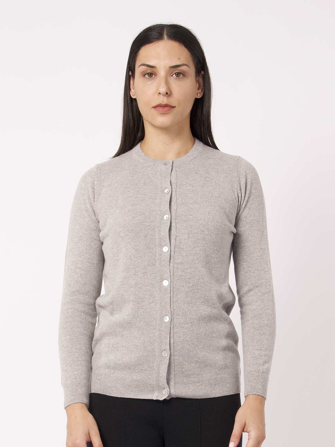 Achega Knitwear Chaquetas - Chaqueta de lana de cordero gris claro para mujer con cuello redondo y botones