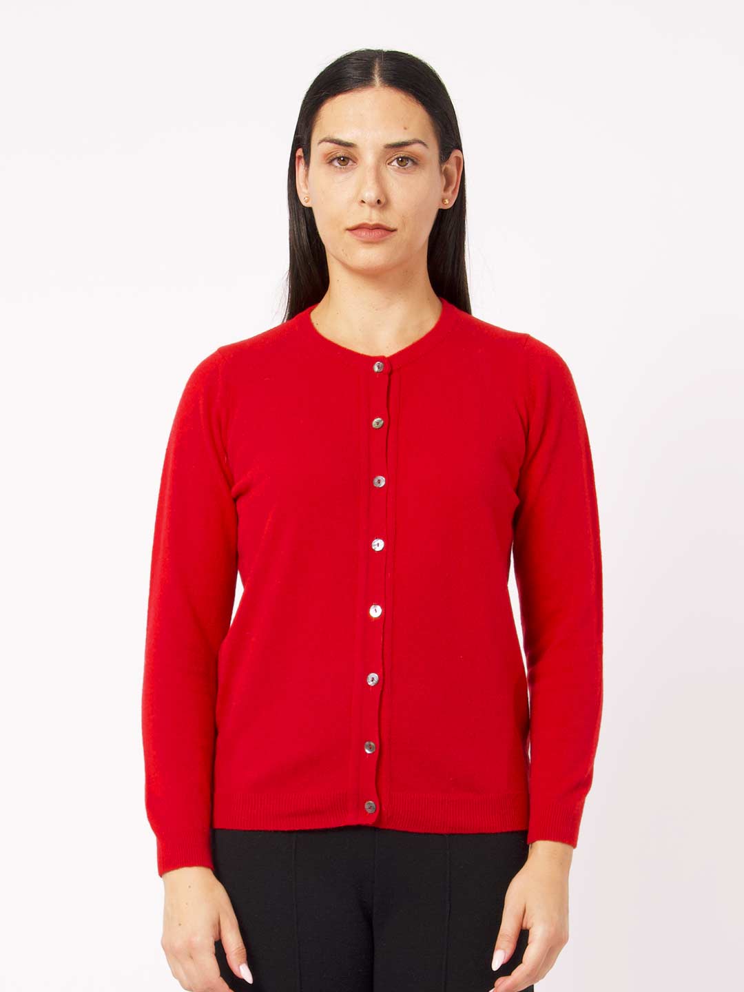 Achega Knitwear Chaquetas - Chaqueta roja de mujer de lana de cordero con escote redondo y botones