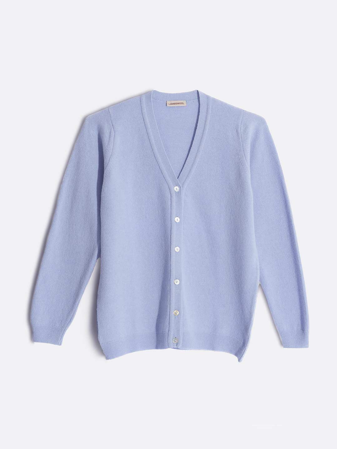 Casacos de Malha Achega - Casaco feminino azul claro em lambswool com decote rem V e botões