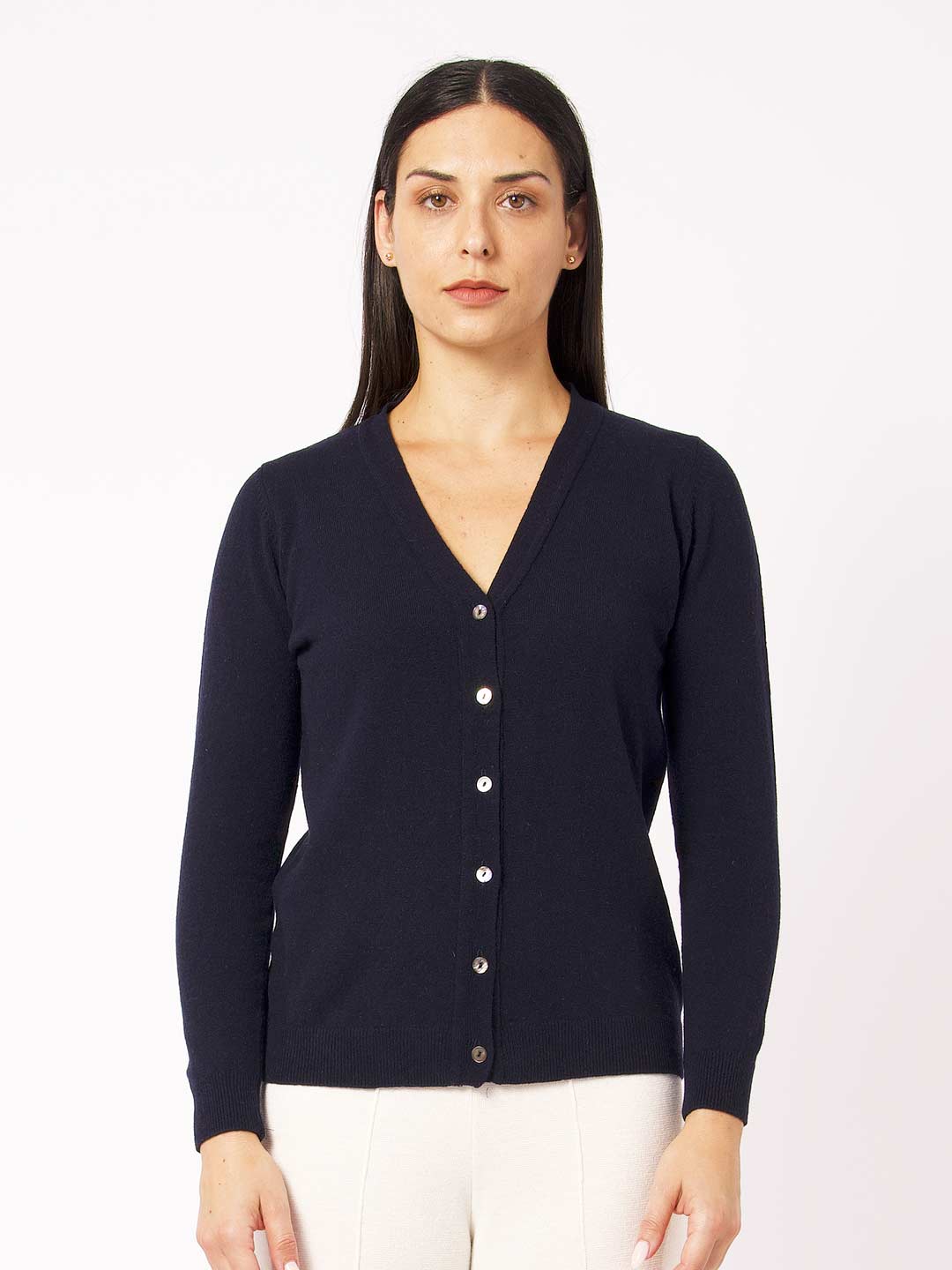 Achega Knitwear Cardigan - Women's navy blue lambswool Cardigan with V-neck and buttons