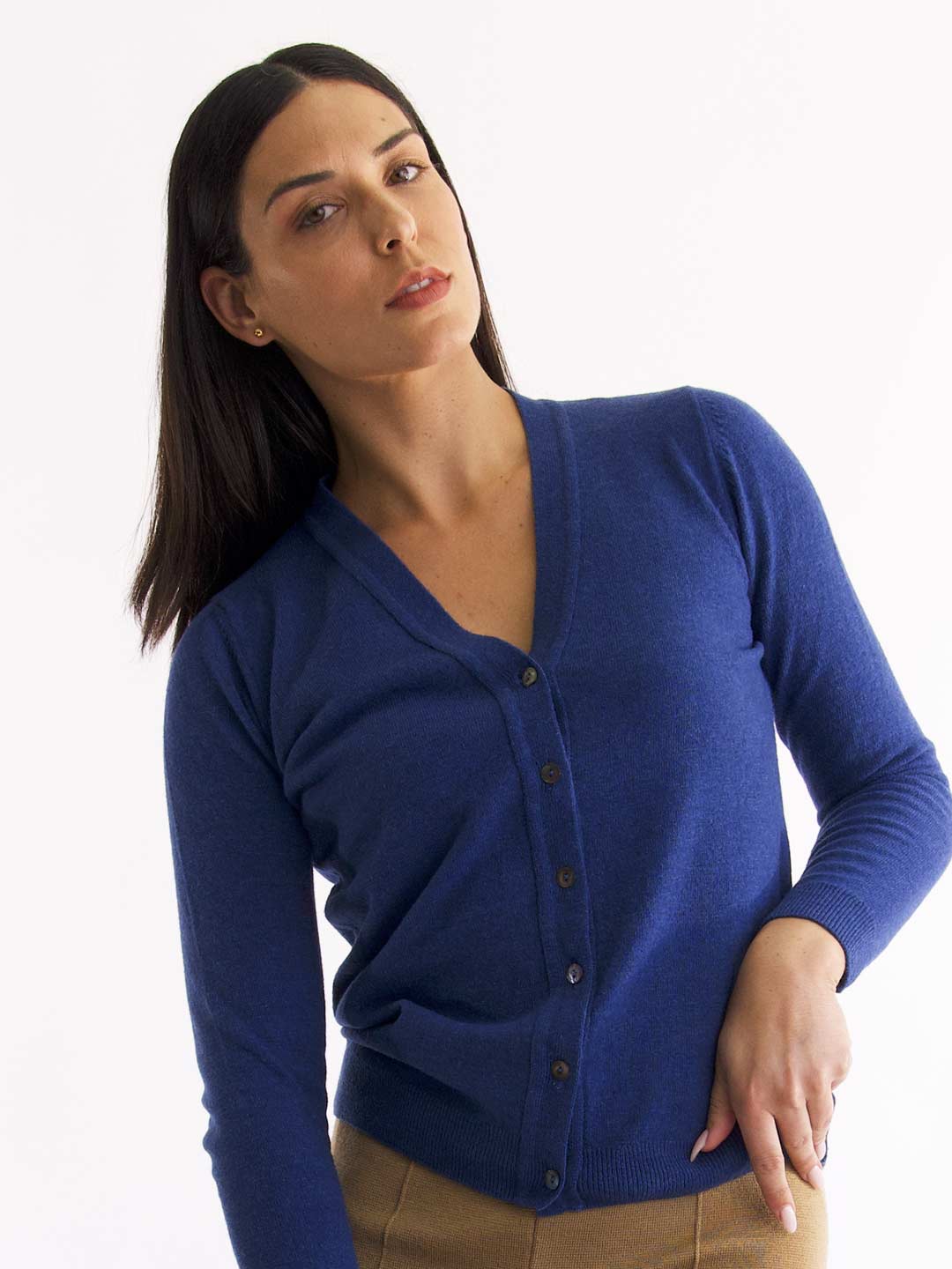Achega Knitwear Cardigan - Women's indigo blue lambswool Cardigan with v-neck and buttons