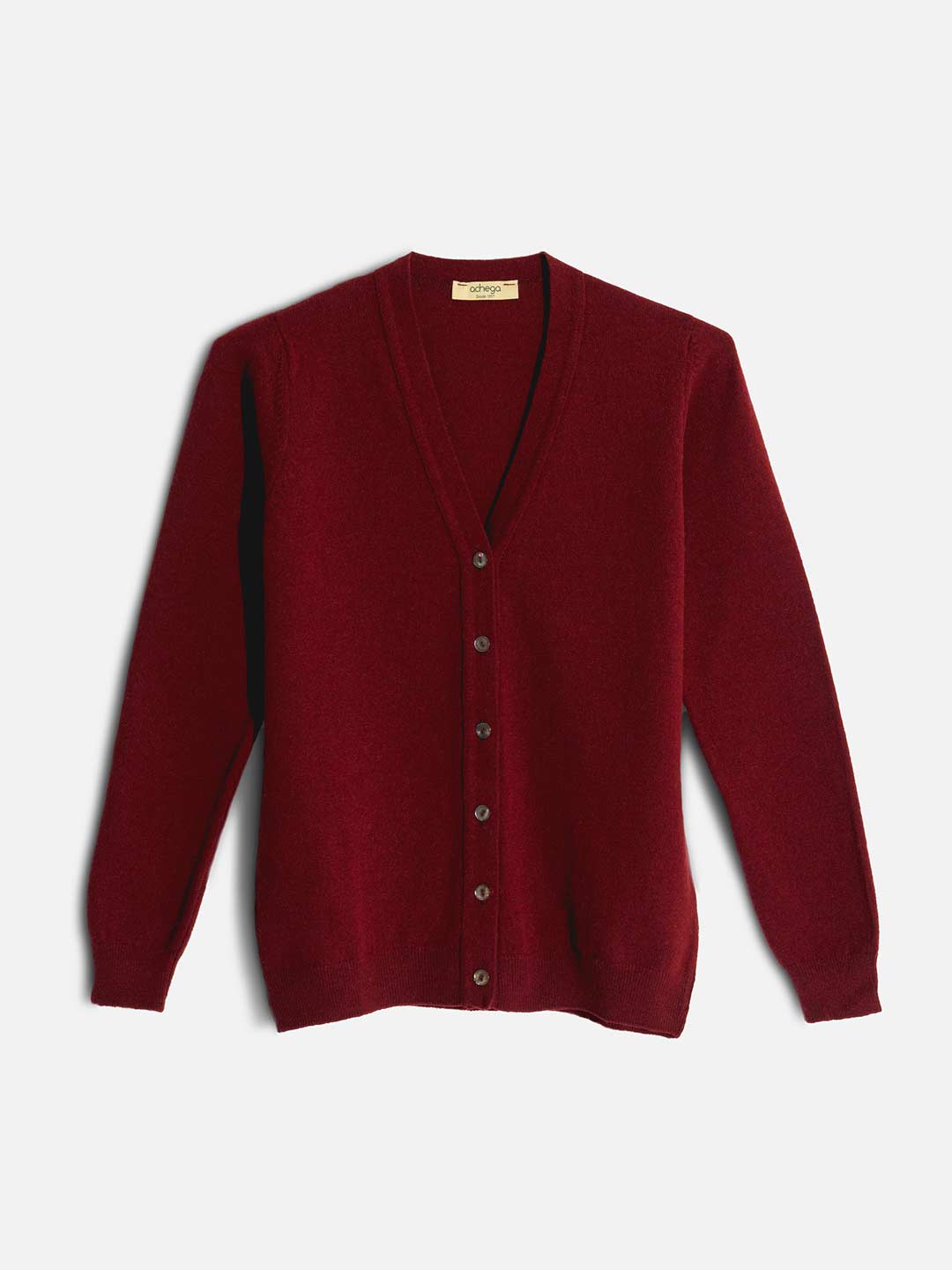 Casacos de Malha Achega - Casaco feminino bordeaux em lambswool com decote em V e botões