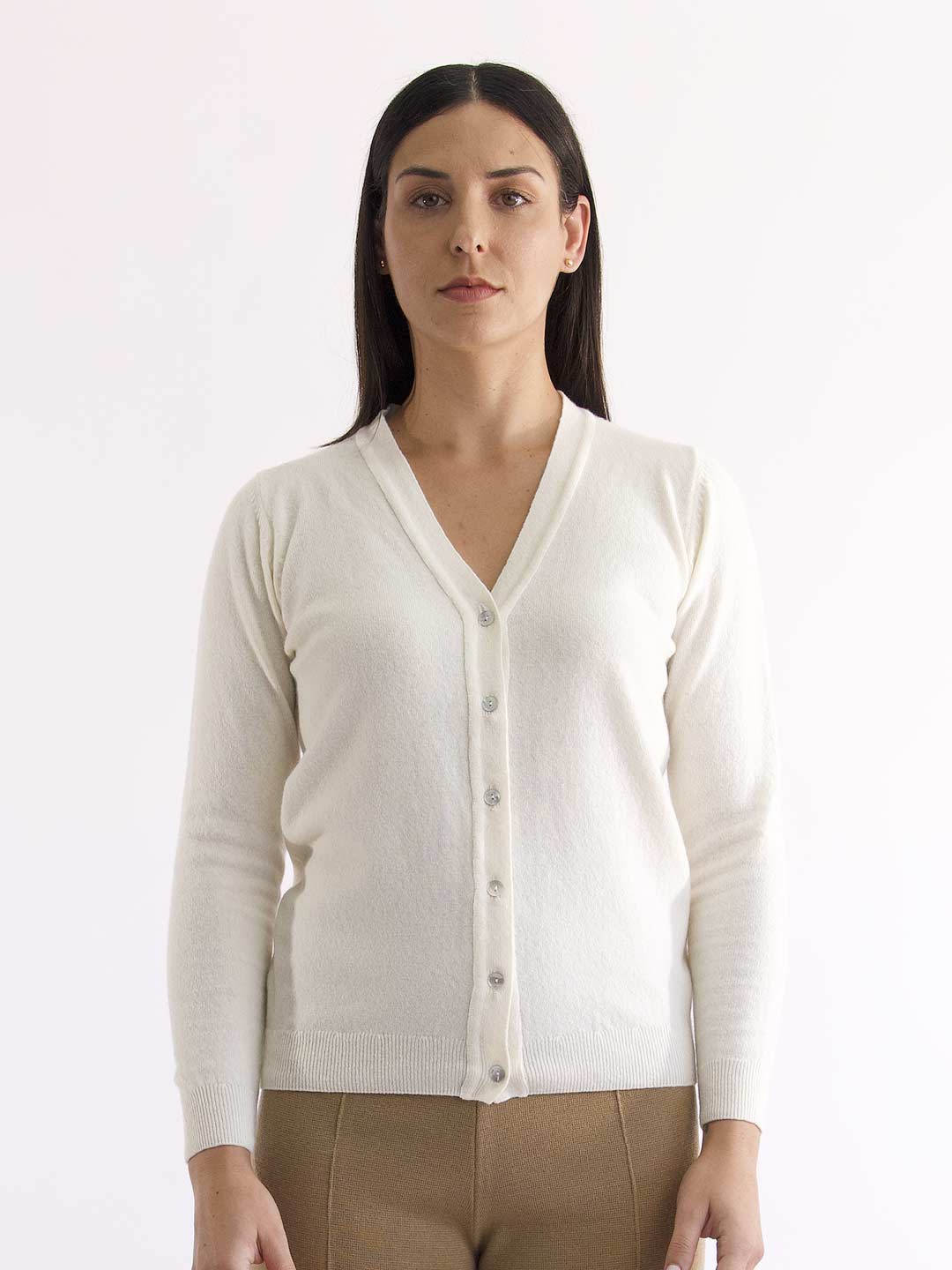 Achega Knitted Cardigan - Women's white lambswool Cardigan with V-neck and buttons