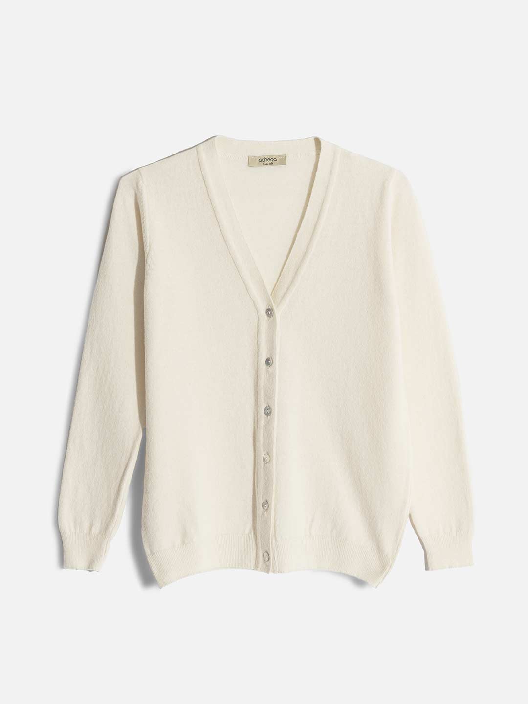 Achega Knitted Cardigan - Women's white lambswool Cardigan with V-neck and buttons