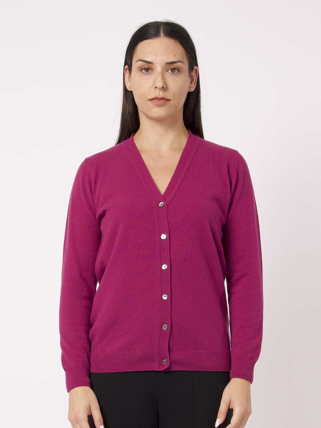 Achega Knitwear Cardigan - Women's crimson pink lambswool Cardigan with v-neck and buttons