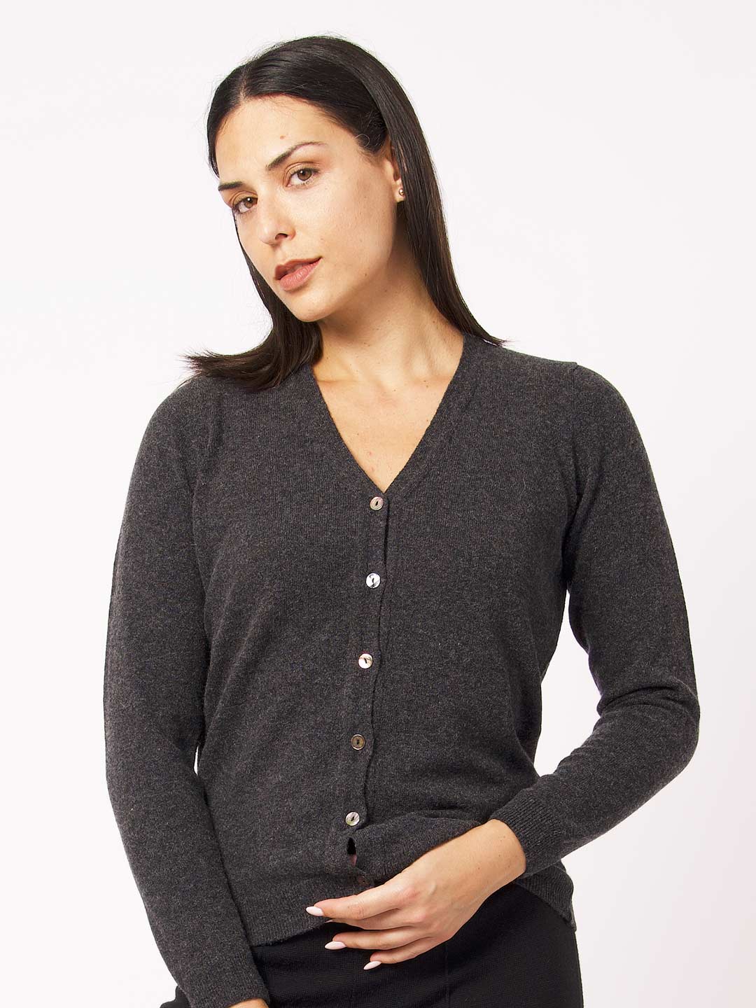 Achega Knitted Cardigan - Women's gray lambswool Cardigan with V-neck and buttons