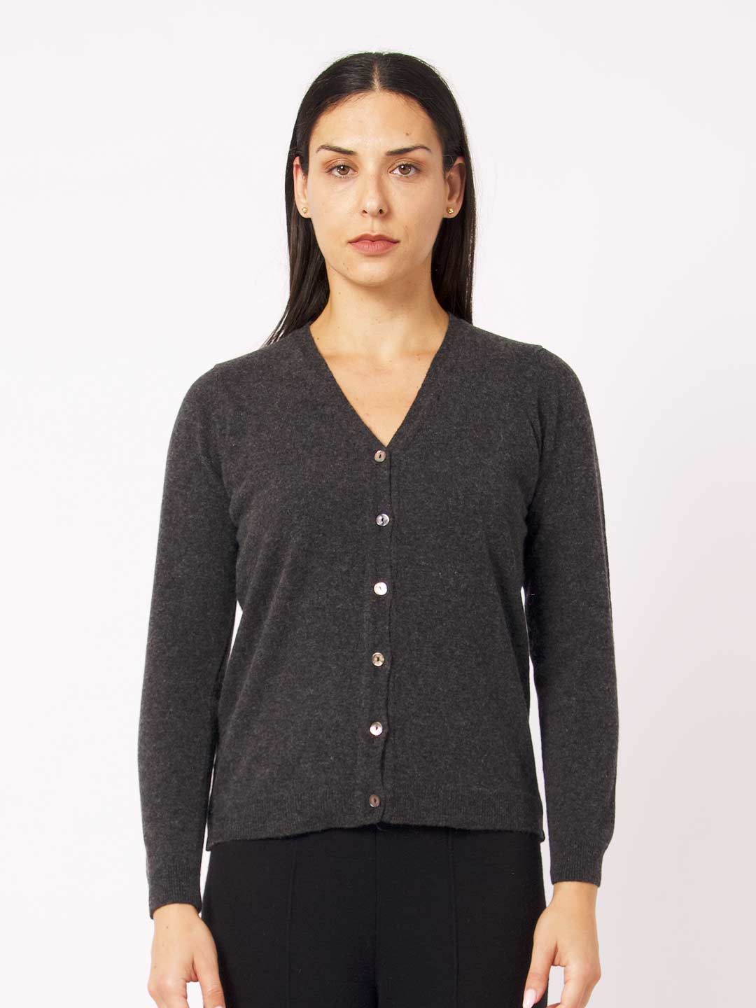 Achega Knitted Cardigan - Women's gray lambswool Cardigan with V-neck and buttons