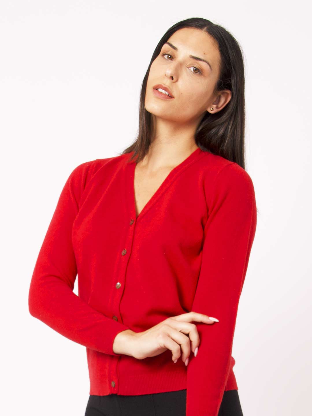 Achega Knitted Cardigan - Women's red lambswool Cardigan with V-neck and buttons