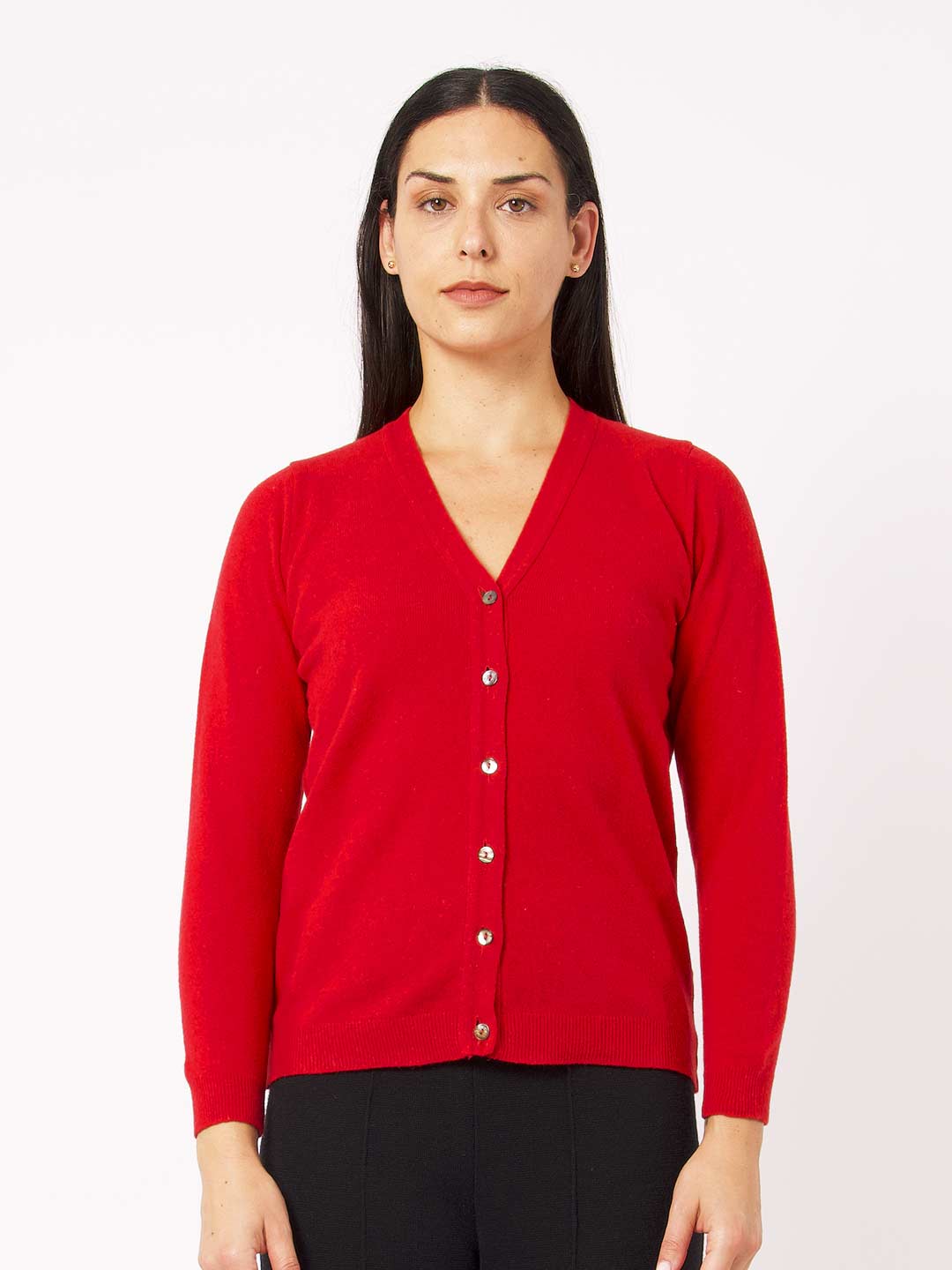 Achega Knitted Cardigan - Women's red lambswool Cardigan with V-neck and buttons