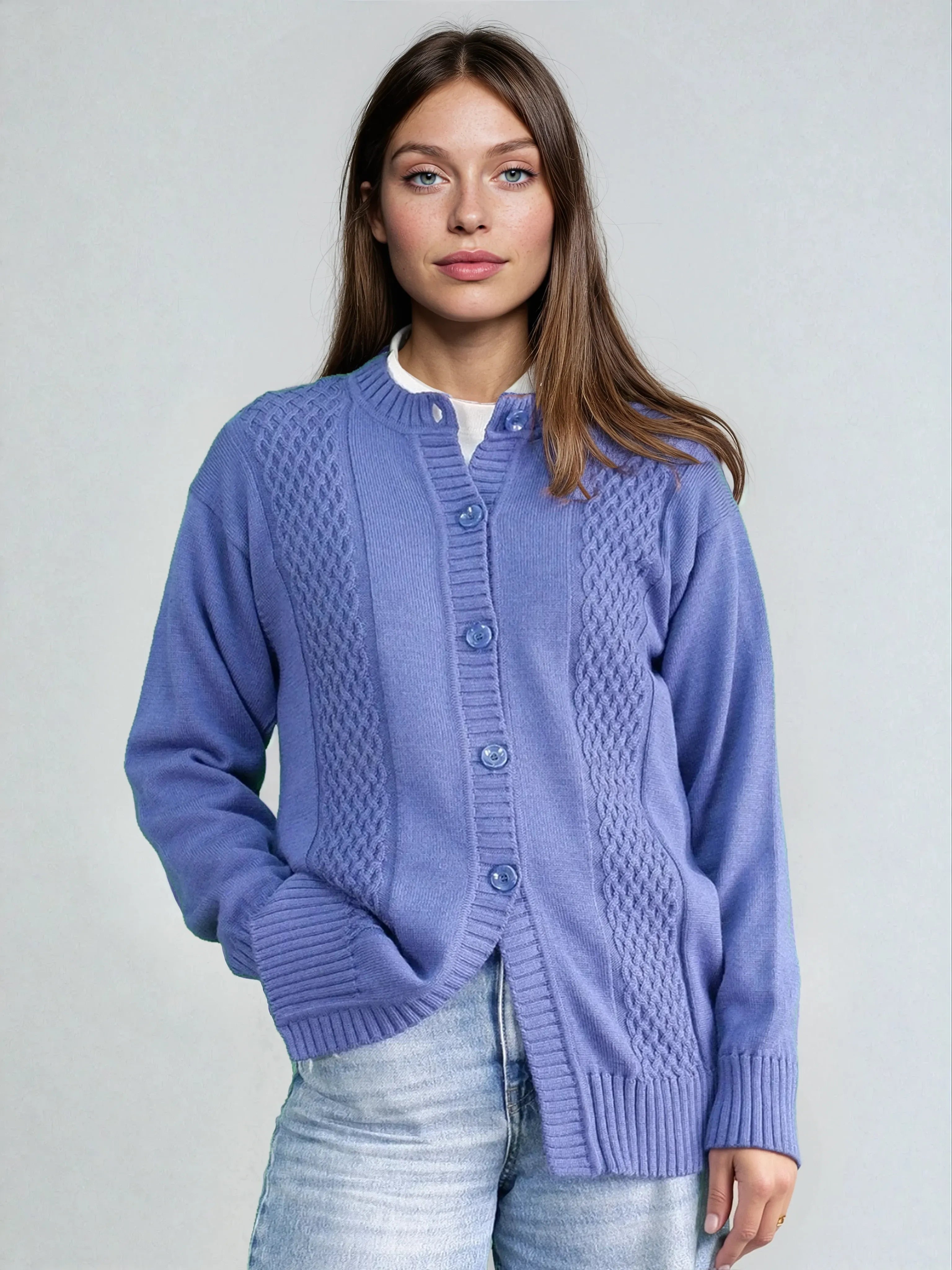 Structured Cardigan with Buttons in Blue Merino Wool Denim