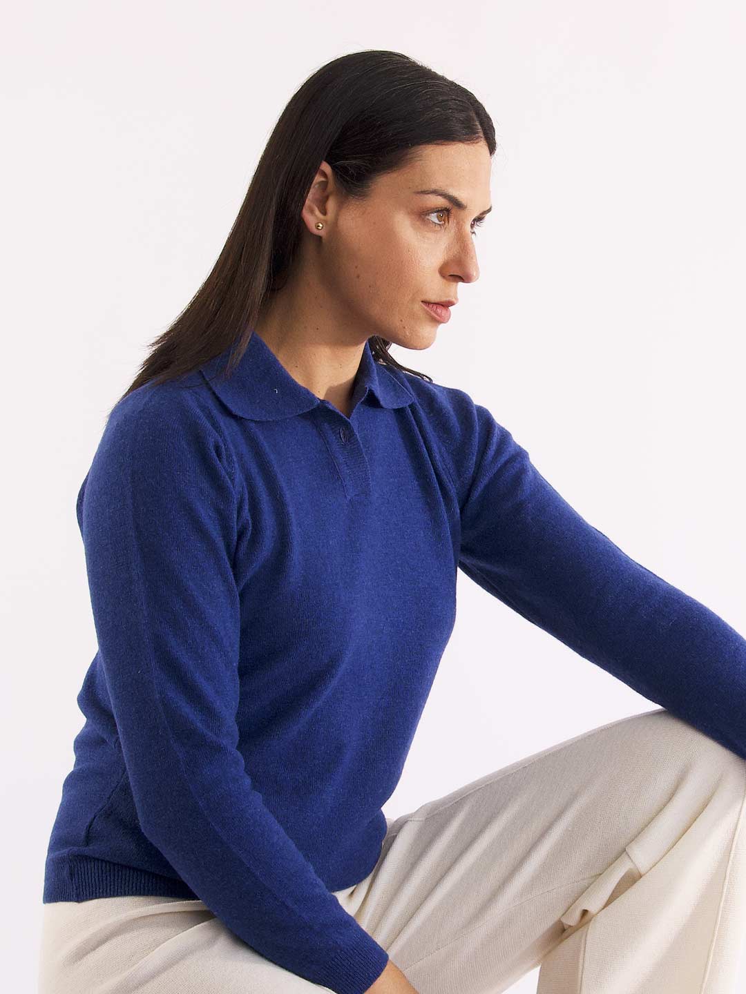 Polos de Manga Comprida Achega - Polo de malha azul indigo com botões em lambswool