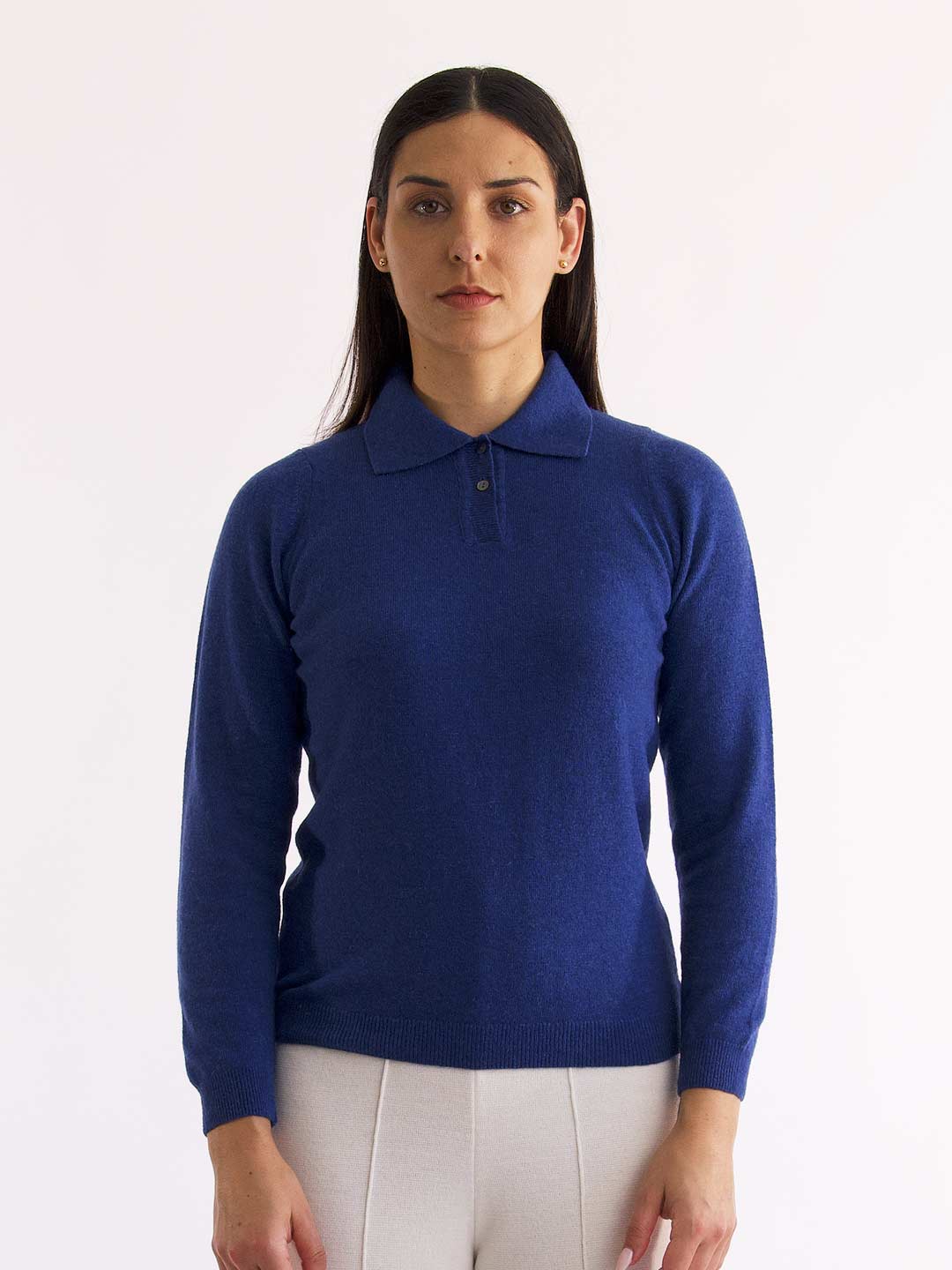 Polos de Manga Comprida Achega - Polo de malha azul indigo com botões em lambswool