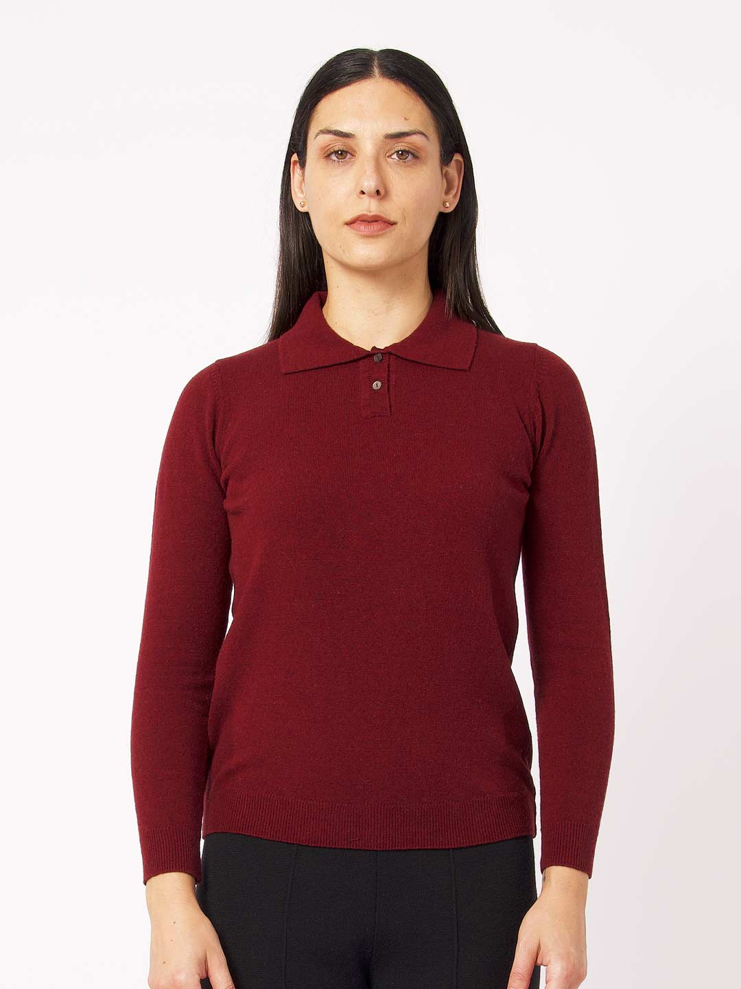 Polos de Manga Comprida Achega - Polo de malha bordeaux com botões em lambswool
