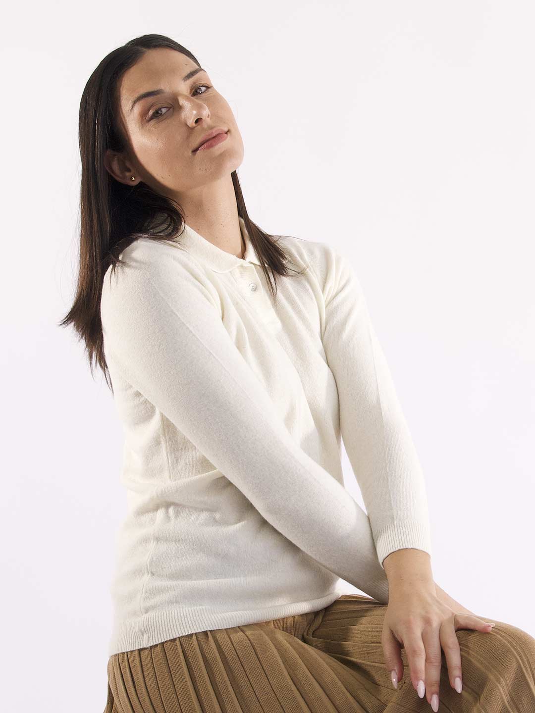 Polos de Manga Comprida Achega - Polo de malha branco com botões em lambswool
