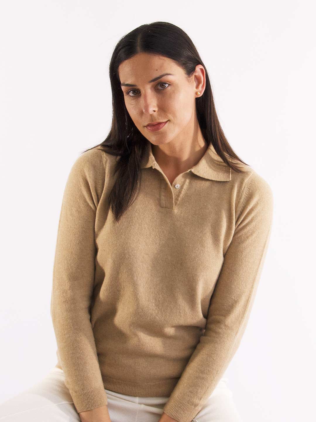 Polos de Manga Comprida Achega - Polo de malha camel com botões em lambswool