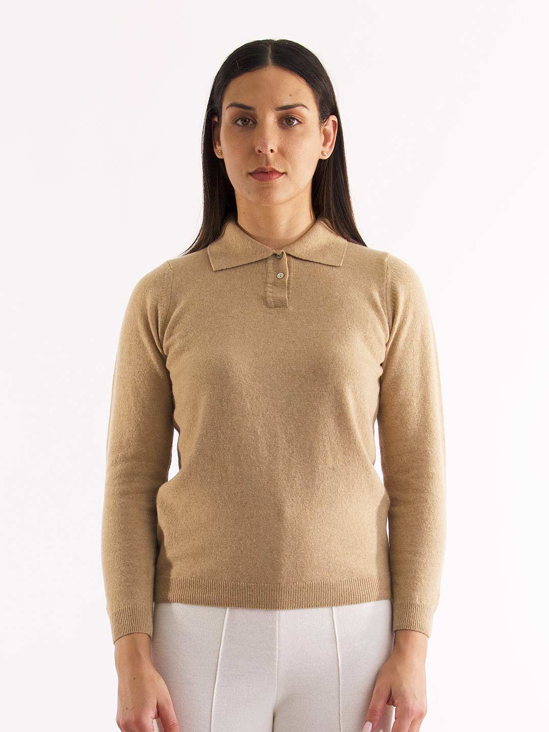 Polos de Manga Comprida Achega - Polo de malha camel com botões em lambswool