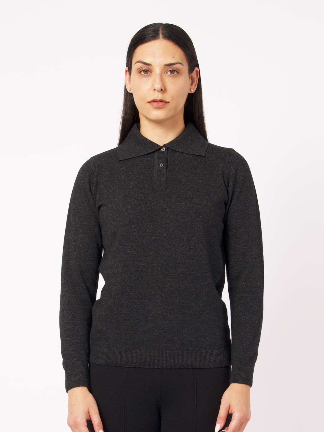 Achega Long Sleeve Polos - Grey knitted polo with lambswool buttons