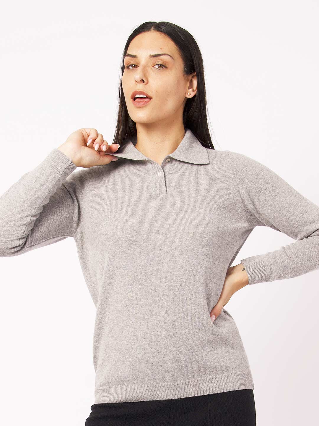 Polos de Manga Comprida Achega - Polo de malha cinza com botões em lambswool