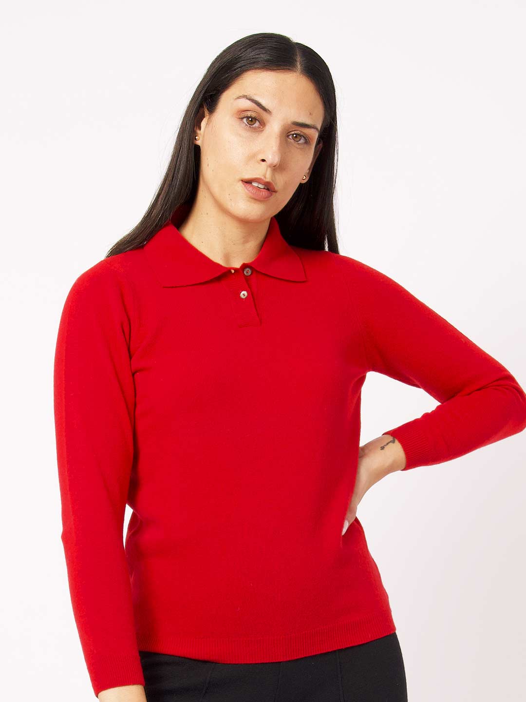 Achega Long Sleeve Polos - Red knitted polo with lambswool buttons
