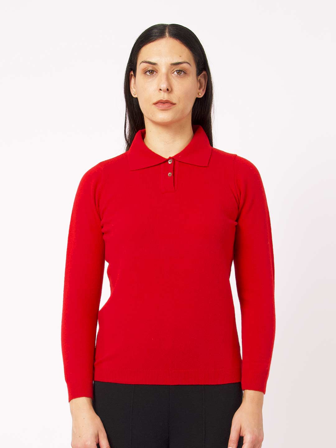 Achega Long Sleeve Polos - Red knitted polo with lambswool buttons