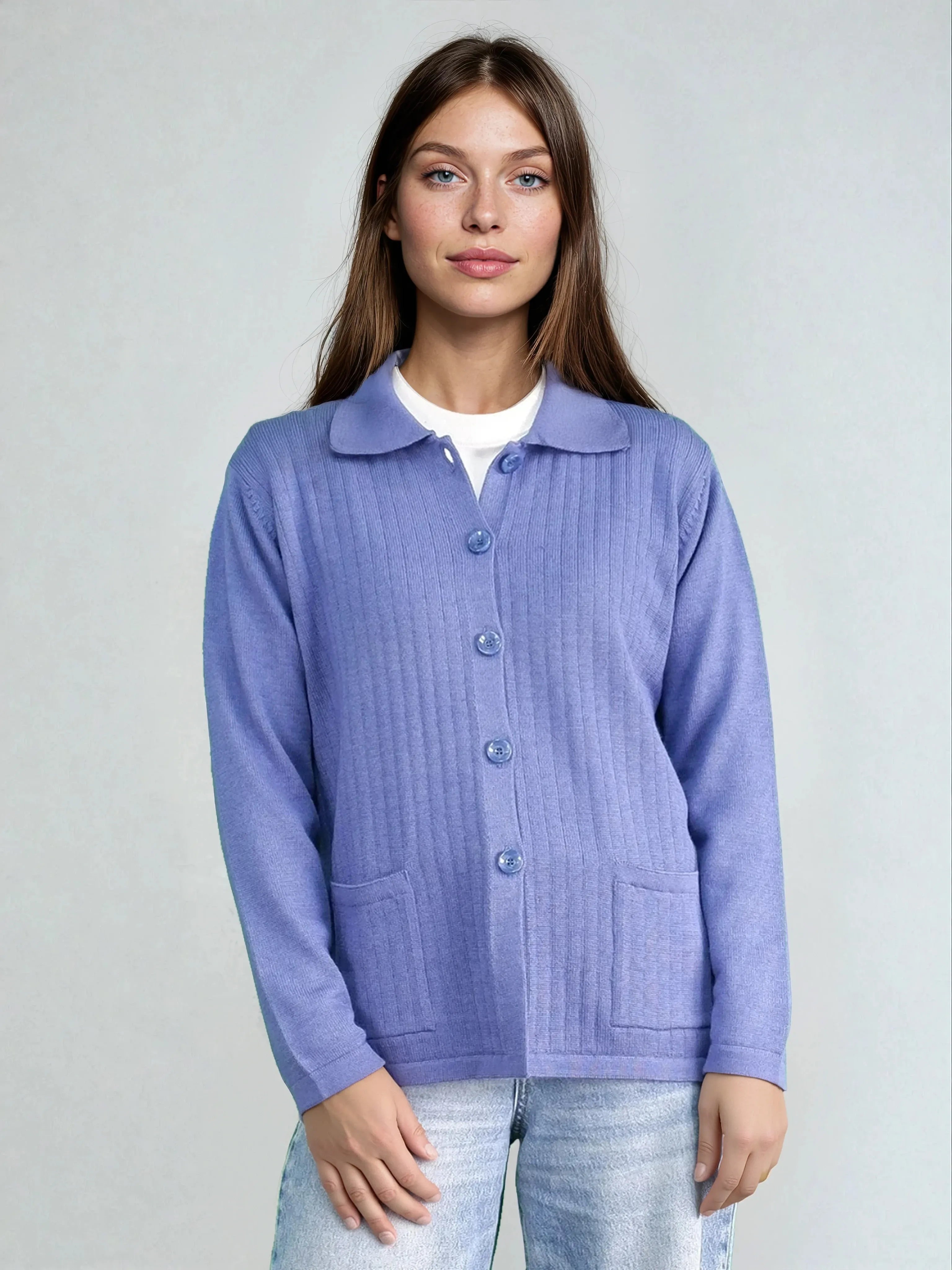 Cane Cardigan with Shirt Collar and Buttons in Denim Blue Merino Wool