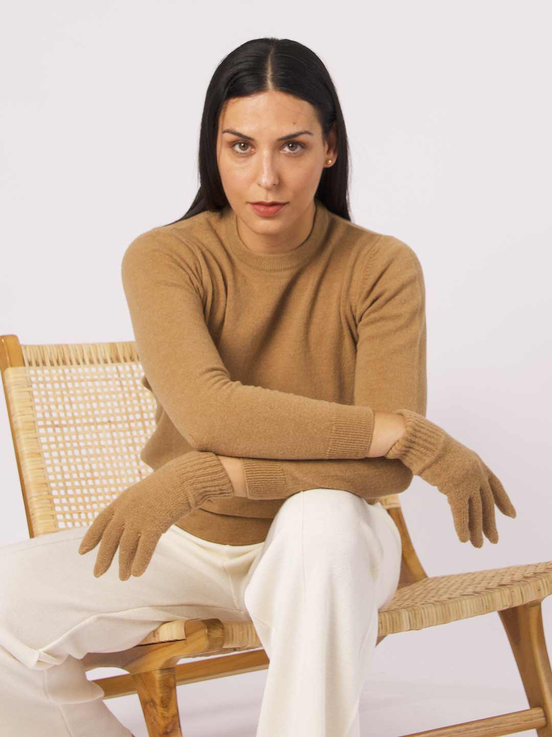 Luvas de Malha Achega - Luvas de malha feminina em lambswool na cor camel