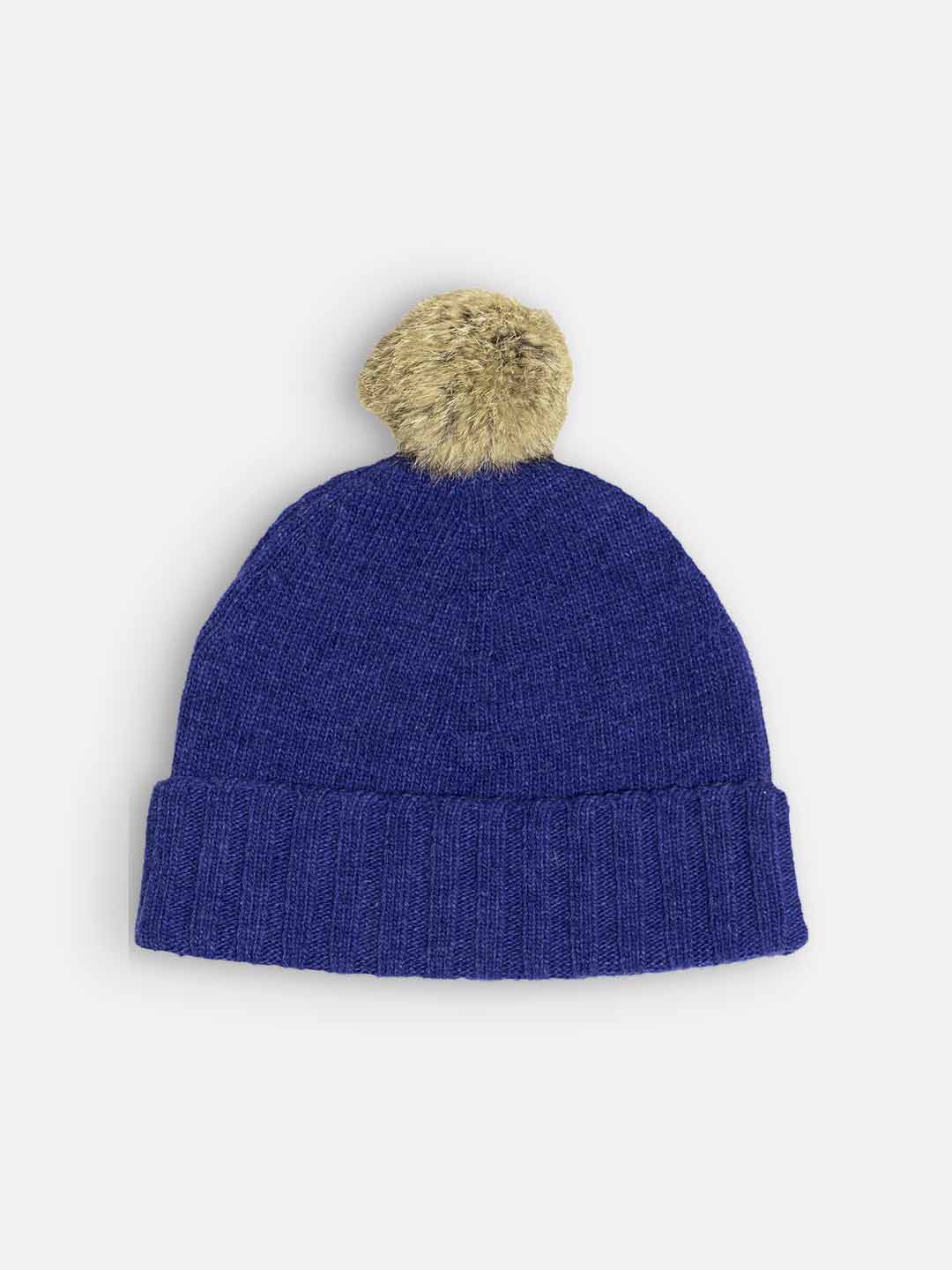 Achega Knitted Hats - Women's pompom hat in indigo blue lambswool