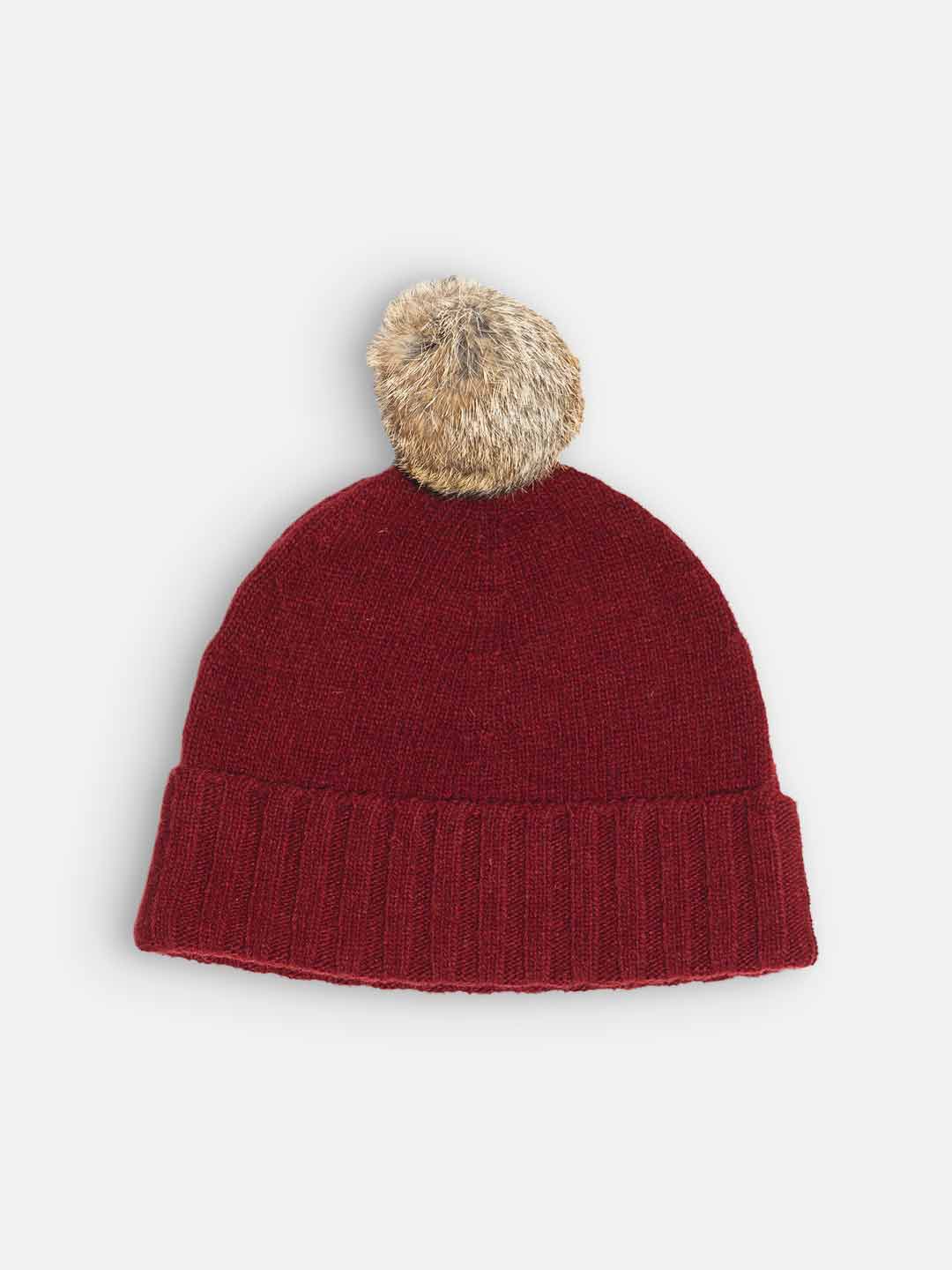 Gorros de Malha Achega - Gorro com pompom feminino em lambswool na cor bordeaux