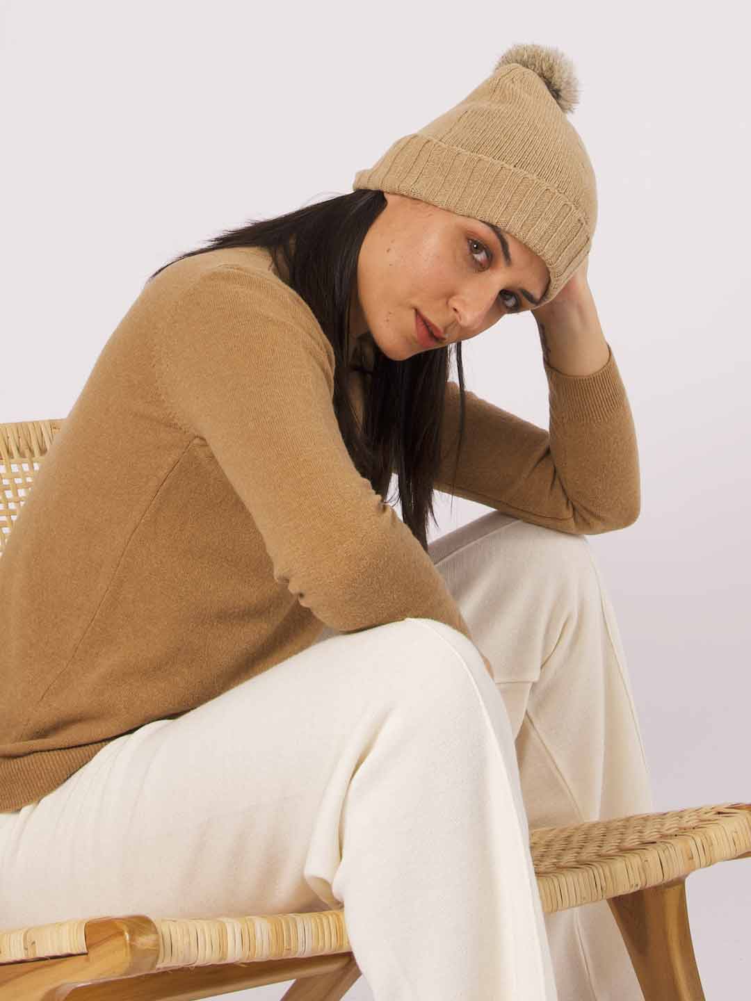 Achega Knitted Hats - Women's lambswool pompom hat in camel color