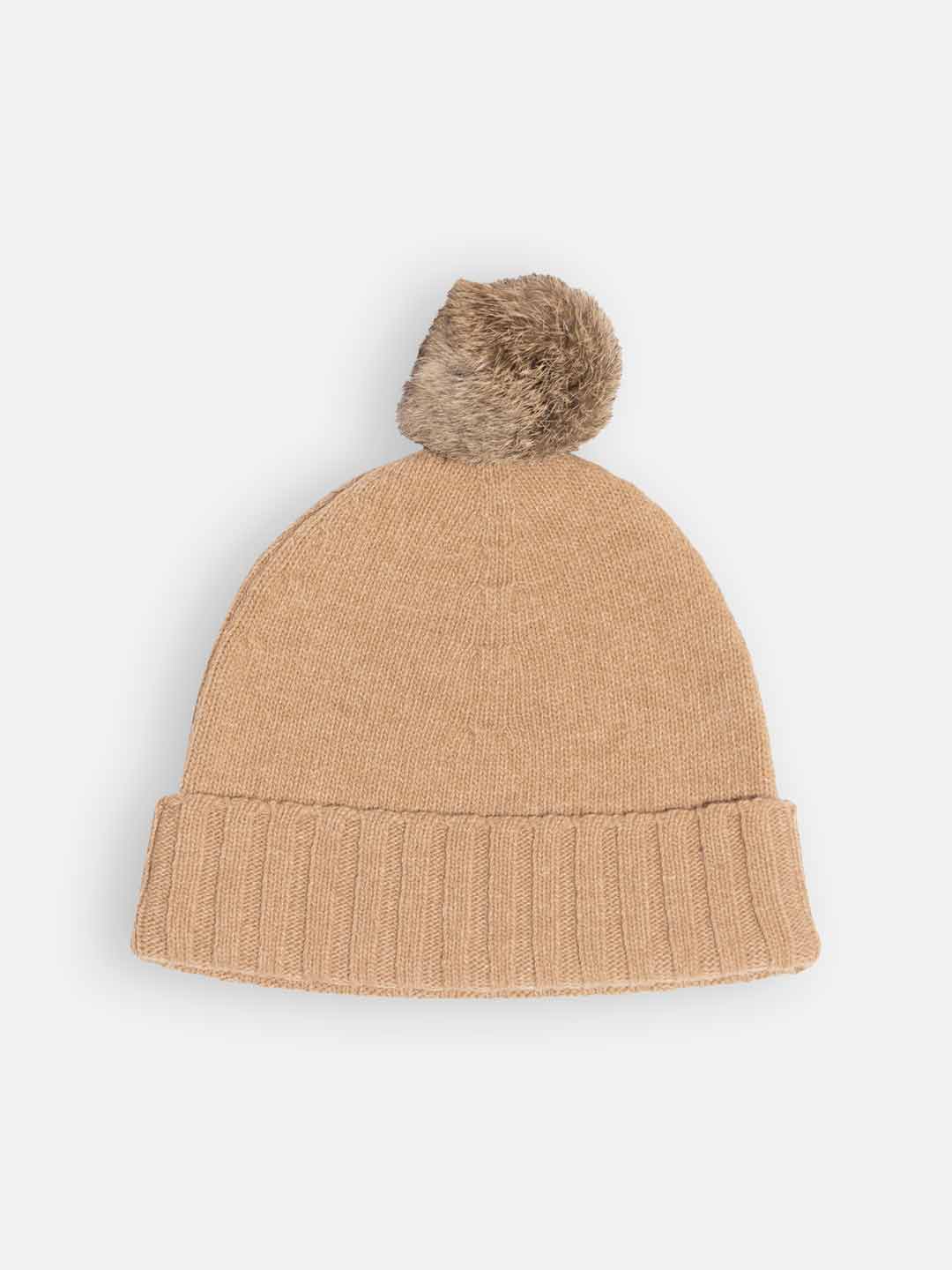 Achega Knitted Hats - Women's lambswool pompom hat in camel color