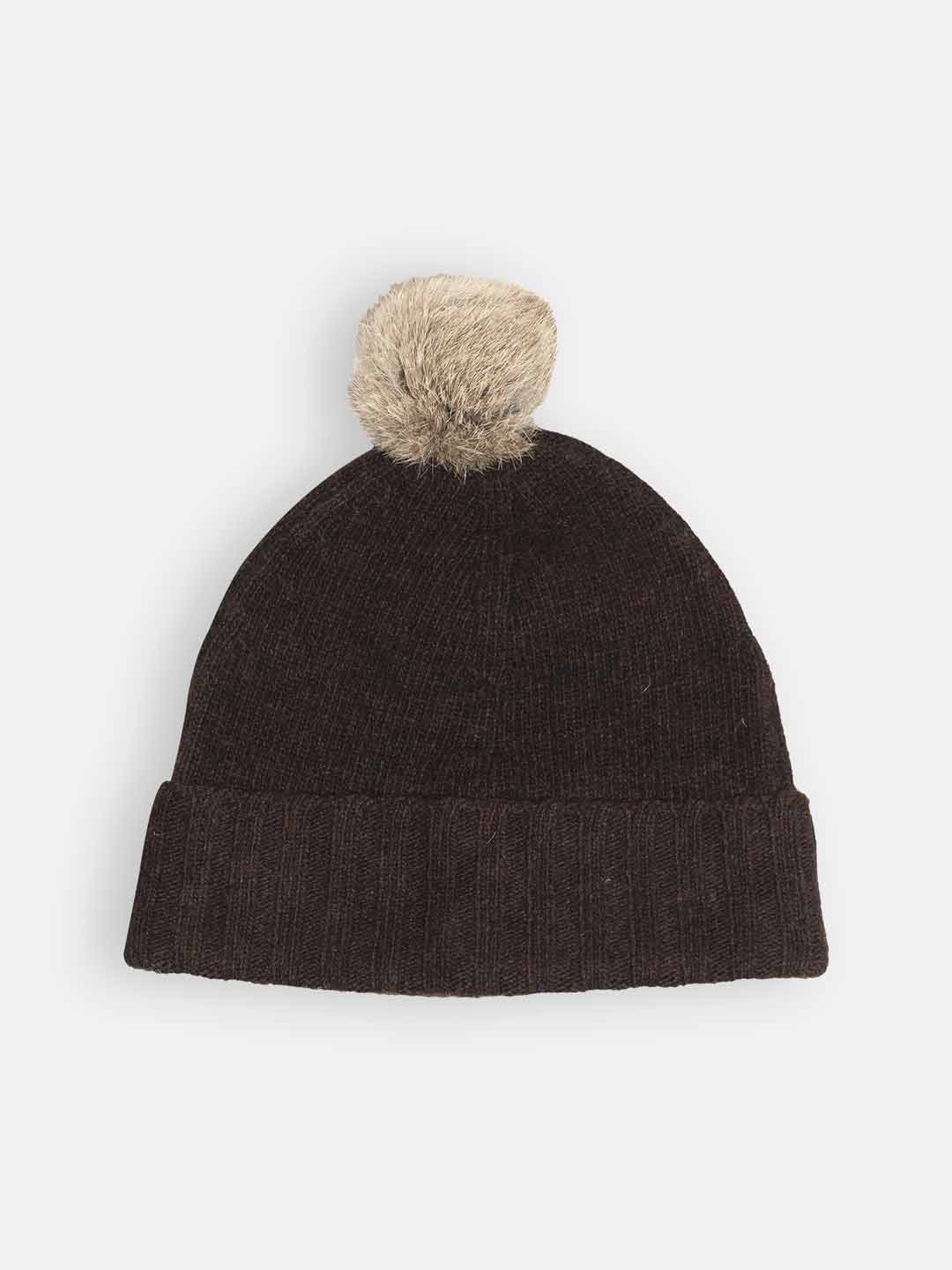 Achega Knitted Hats - Women's pompom hat in brown lambswool