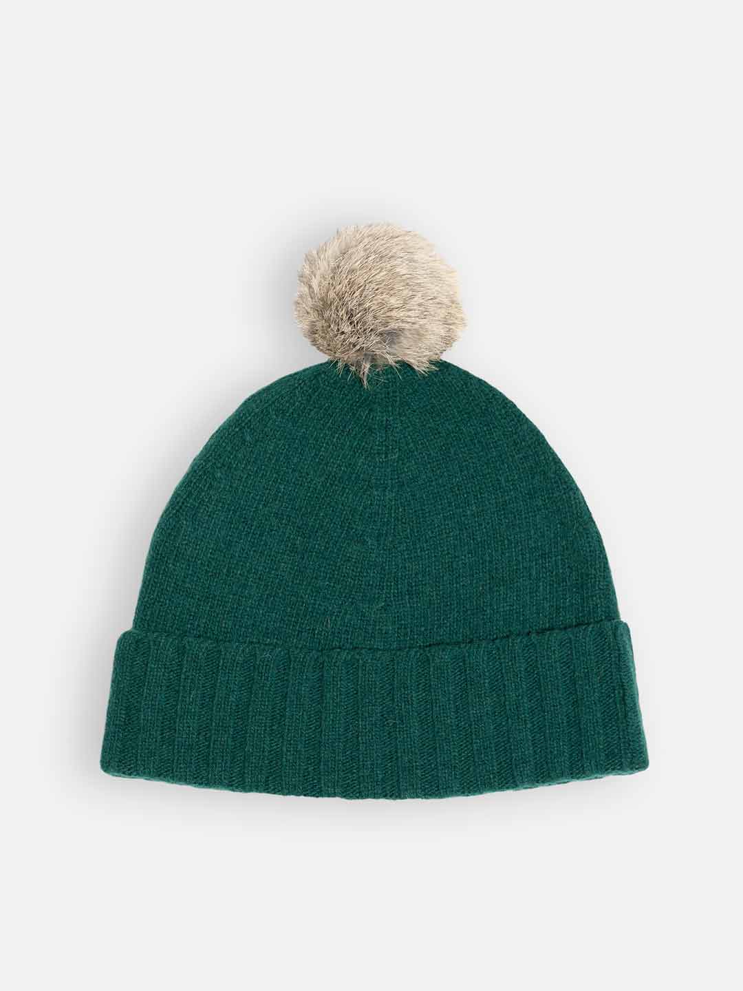 Achega Knitted Hats - Women's pompom hat in green lambswool