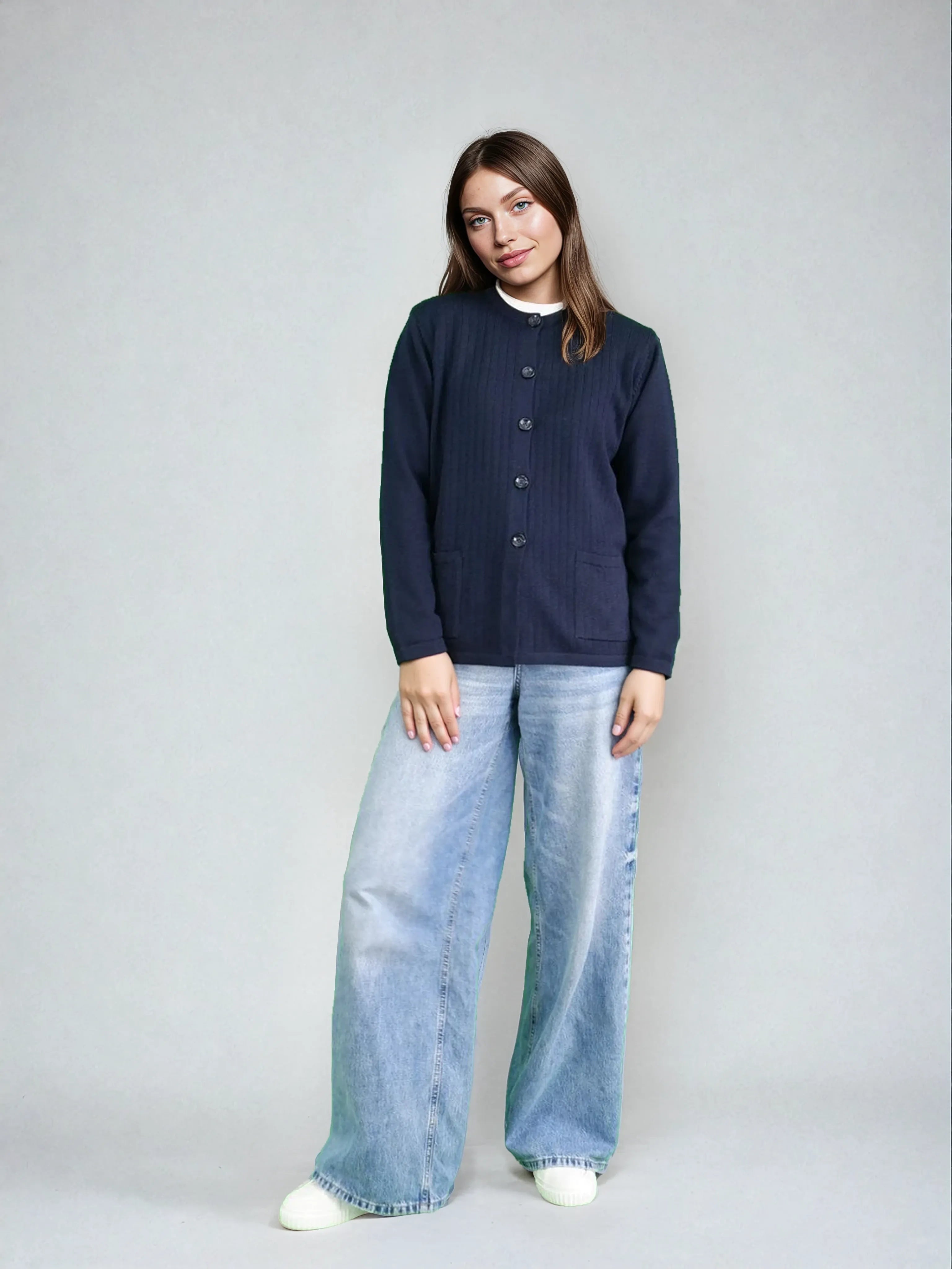 Cane Cardigan with Merino Wool Buttons Navy Blue