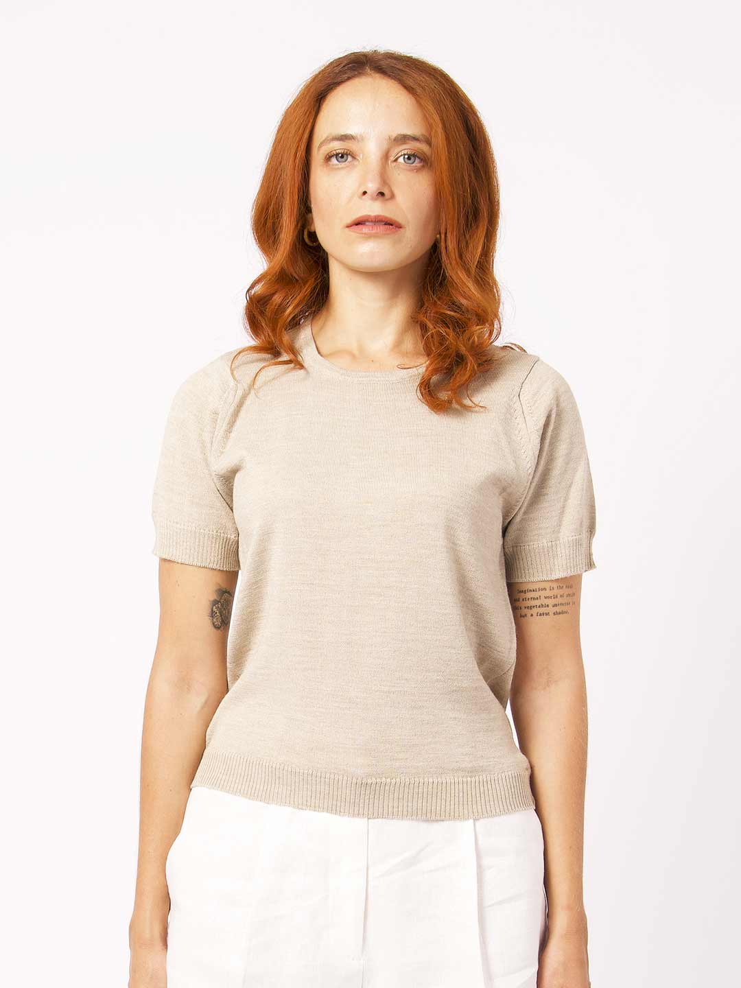 Camisolas de Malha Achega - Camisola lã merino areia com manga curta